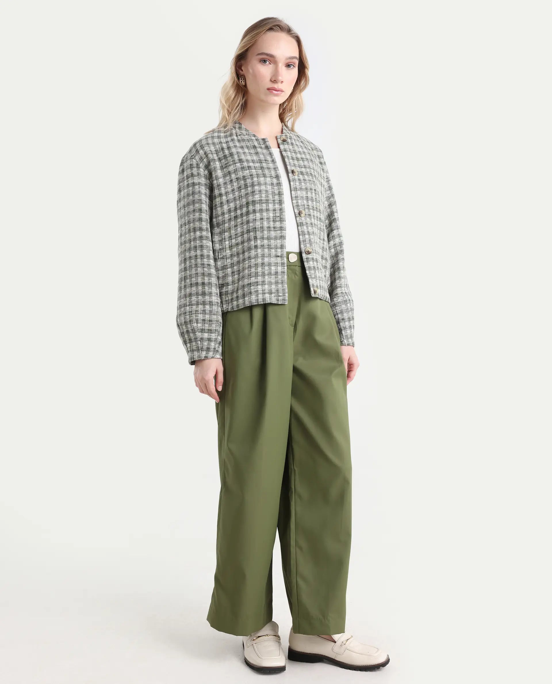 Rareism Women's Sarin Olive Polyester Blend Plain Ankle Length Wide Trouser