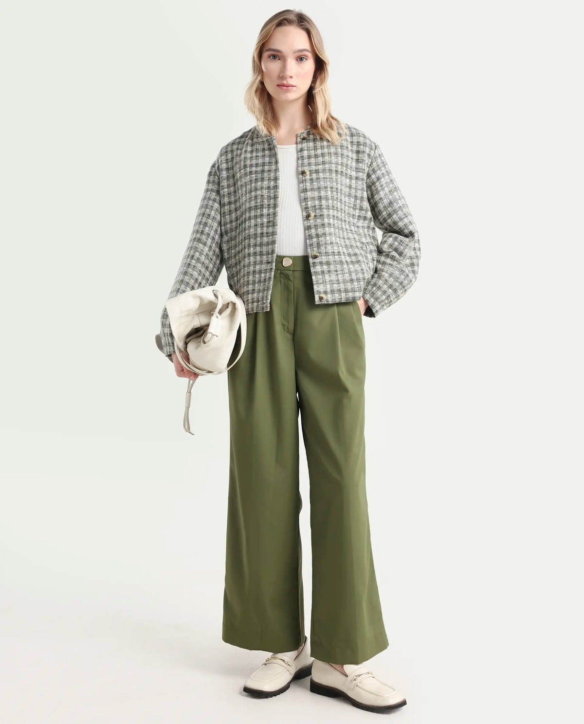 Rareism Women's Sarin Olive Polyester Blend Plain Ankle Length Wide Trouser
