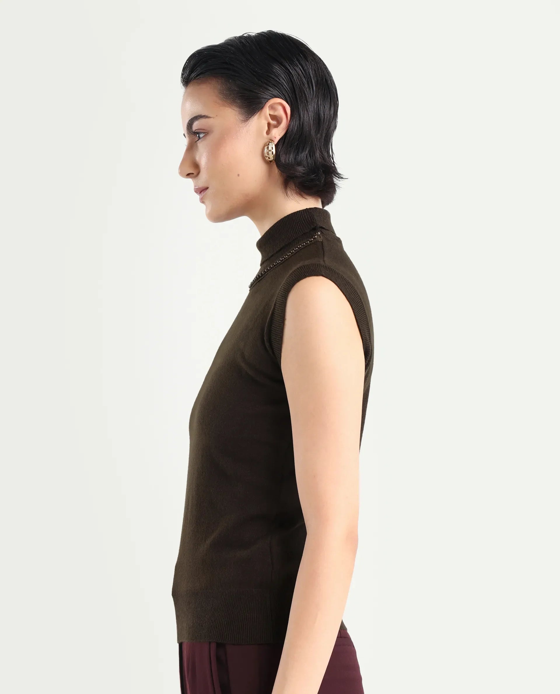 Rareism Women's Sarona Dark Brown Acrylic High Neck Plain Sleeveless Regular Fit Top