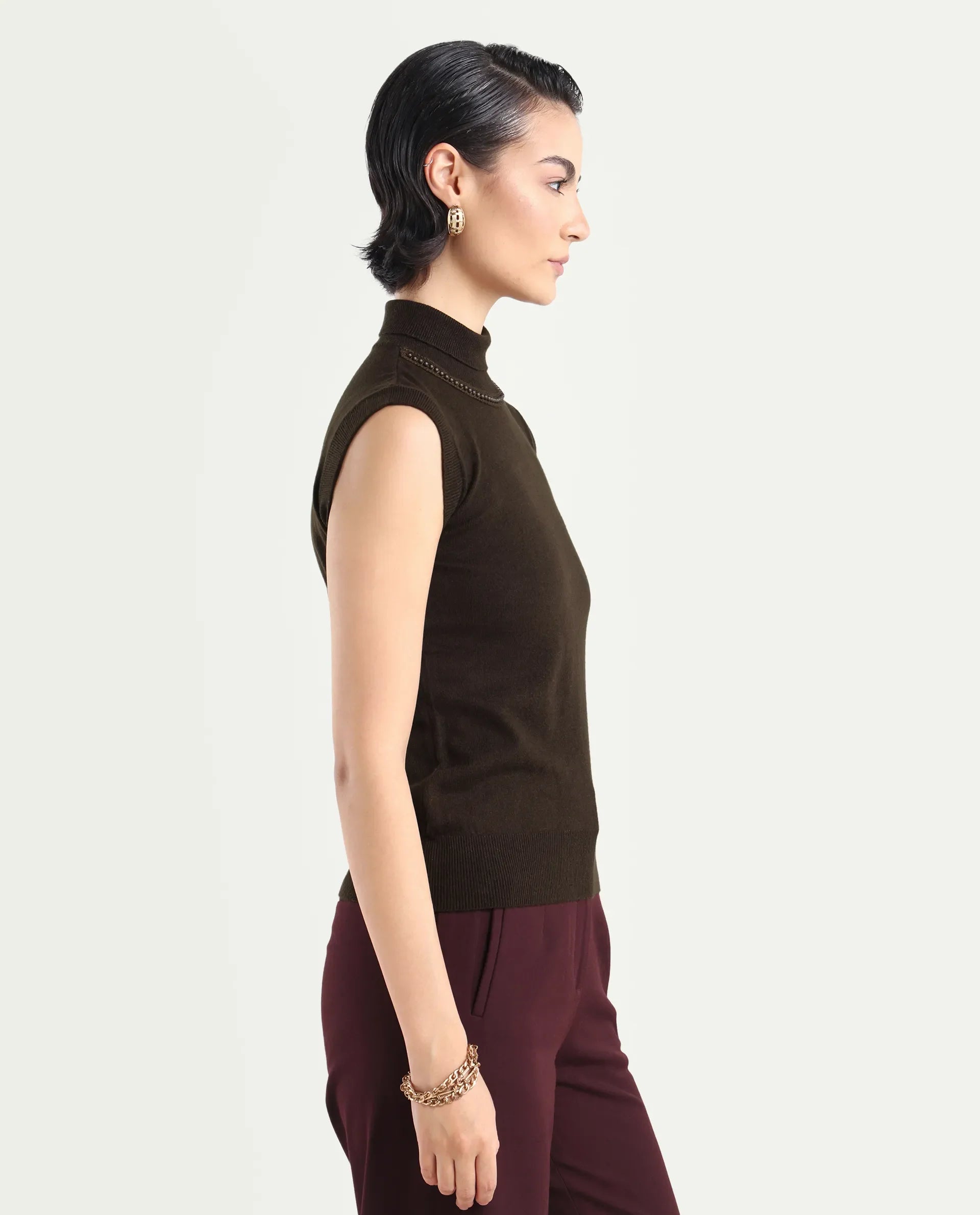 Rareism Women's Sarona Dark Brown Acrylic High Neck Plain Sleeveless Regular Fit Top