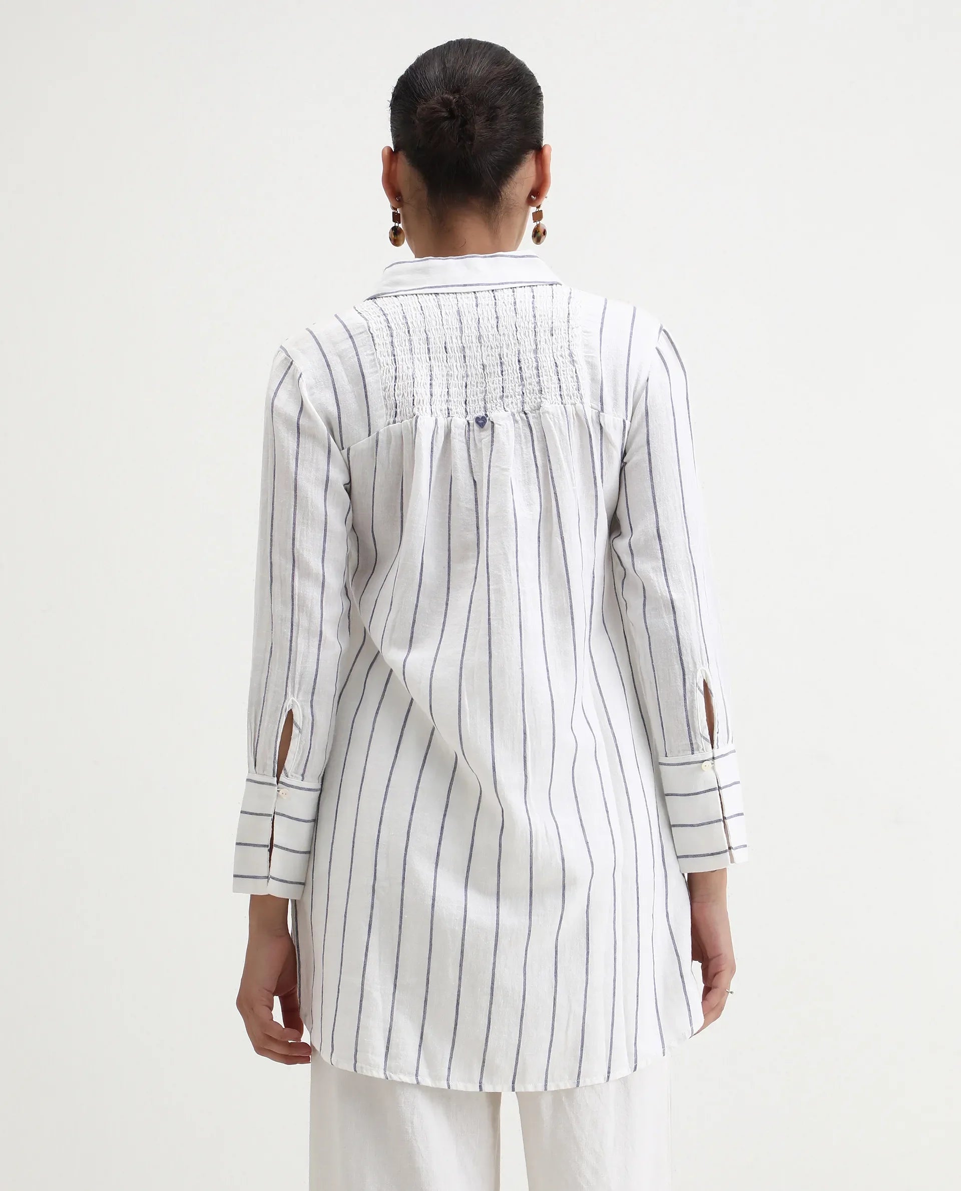 Rareism Women's Sarry Blue Linen Spread Collar Plain Regular Fit Top