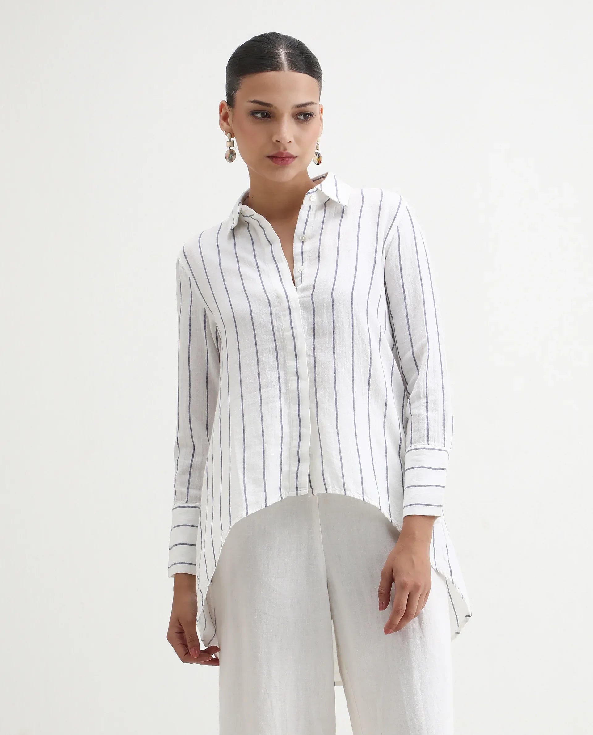 Rareism Women's Sarry Blue Linen Spread Collar Plain Regular Fit Top