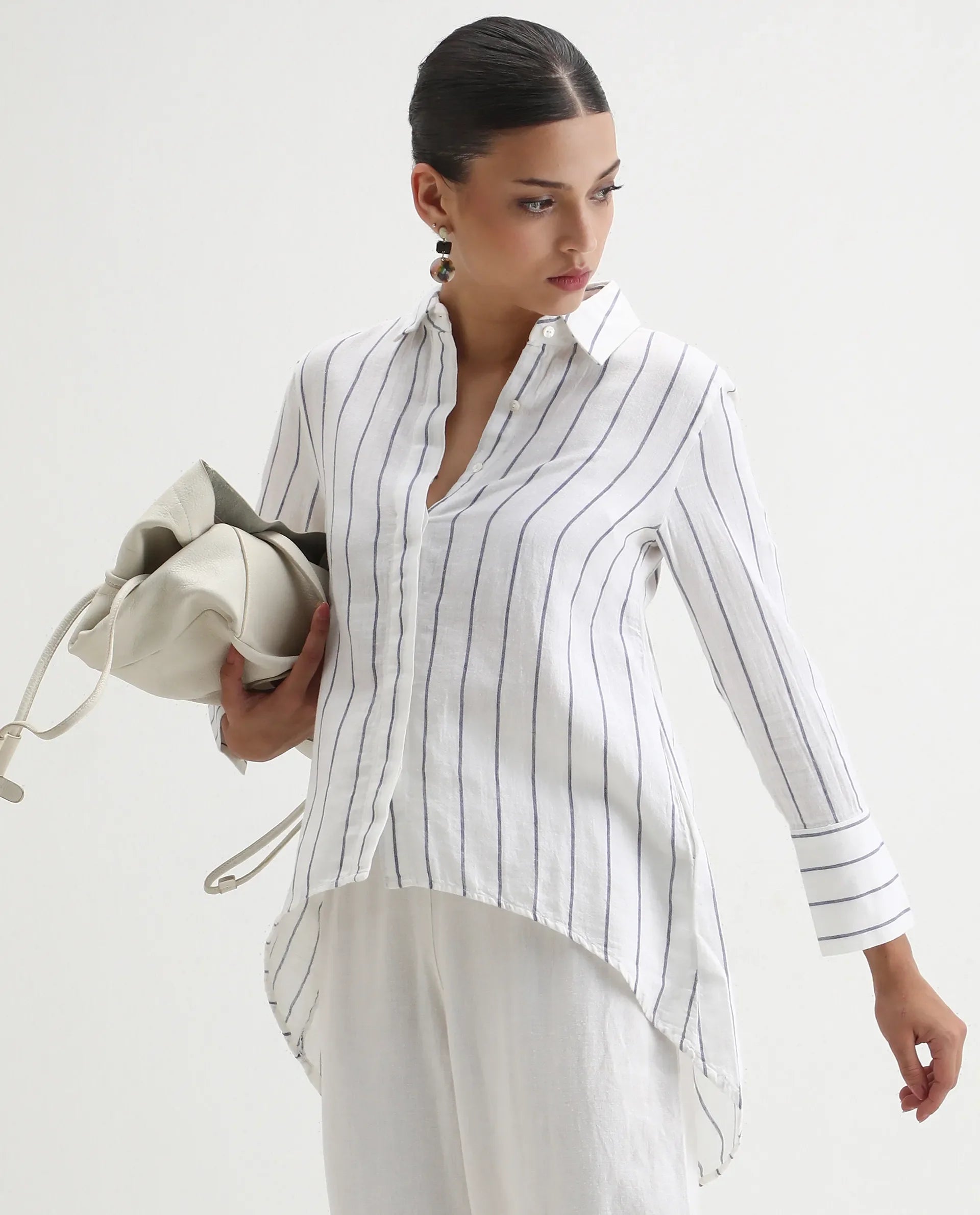 Rareism Women's Sarry Blue Linen Spread Collar Plain Regular Fit Top