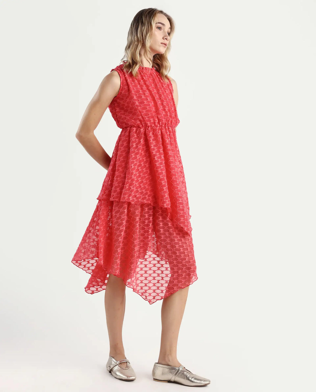 Rareism Women's Sarsa Pastel Pink Polyester Ruffled Neck Jacquard Sleeveless Midi Fit And Flare Dress