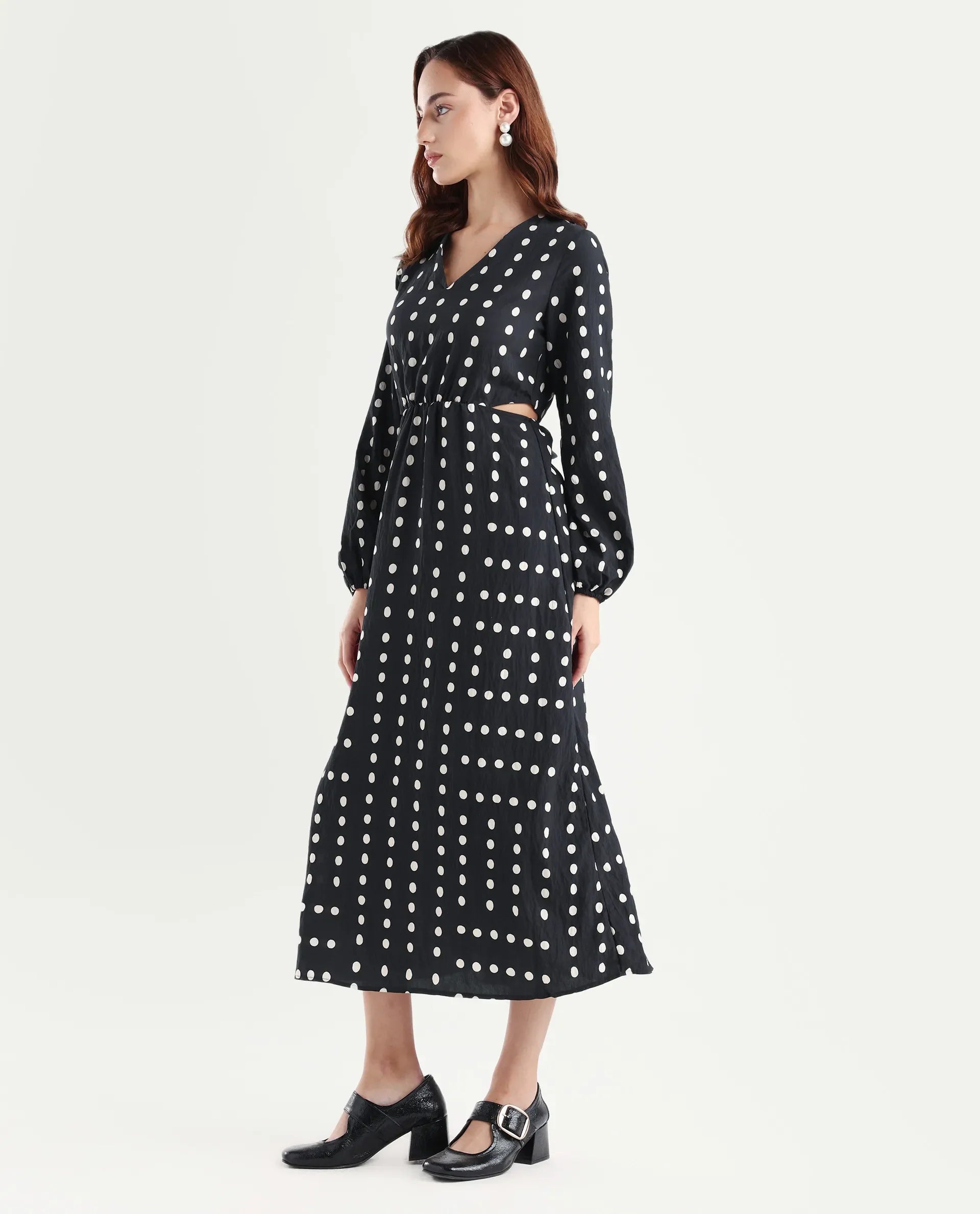Rareism Women's Sassari Black Nylon Blend V-Neck Polka Print Bishop Sleeve Maxi Regular Fit Dress