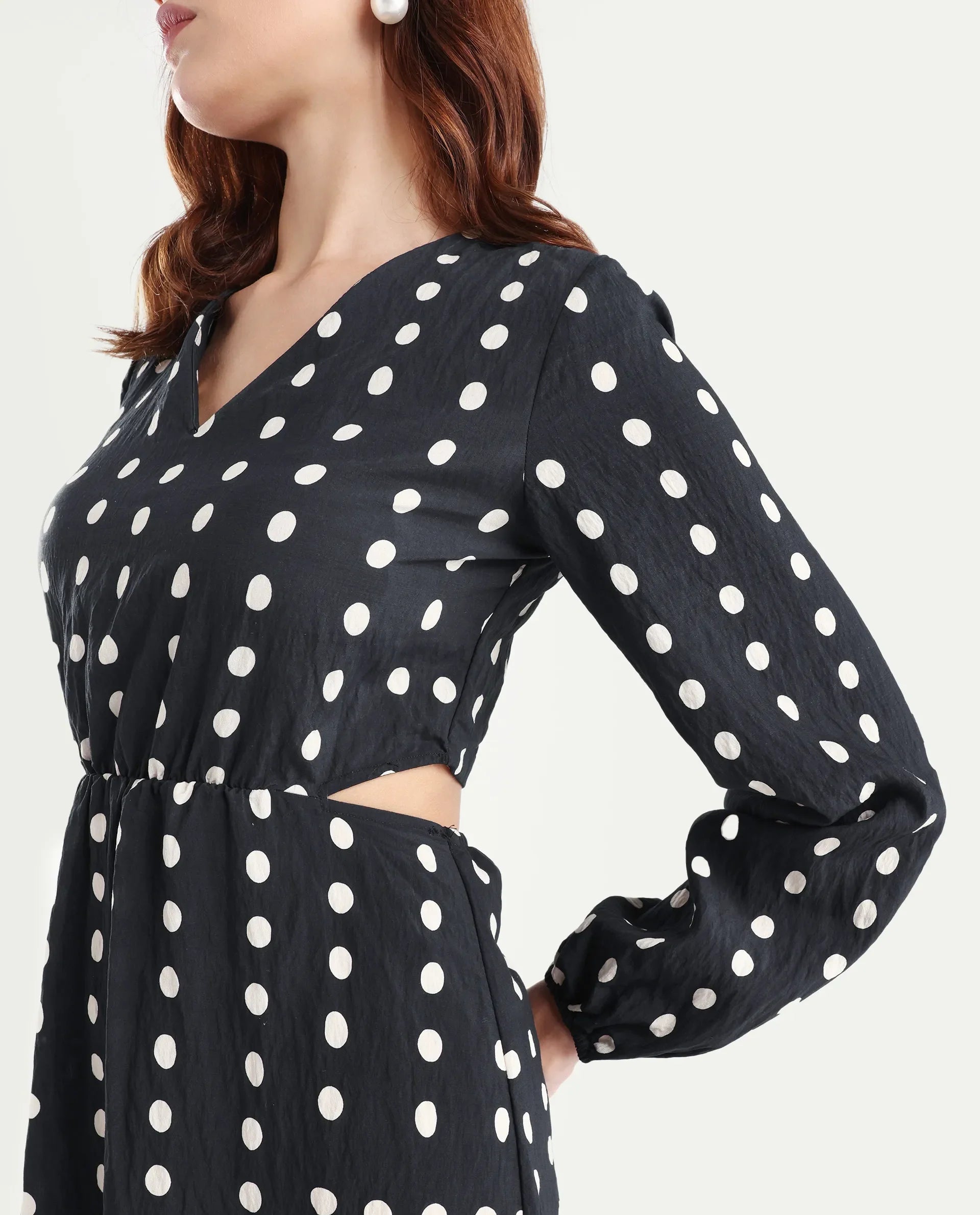 Rareism Women's Sassari Black Nylon Blend V-Neck Polka Print Bishop Sleeve Maxi Regular Fit Dress