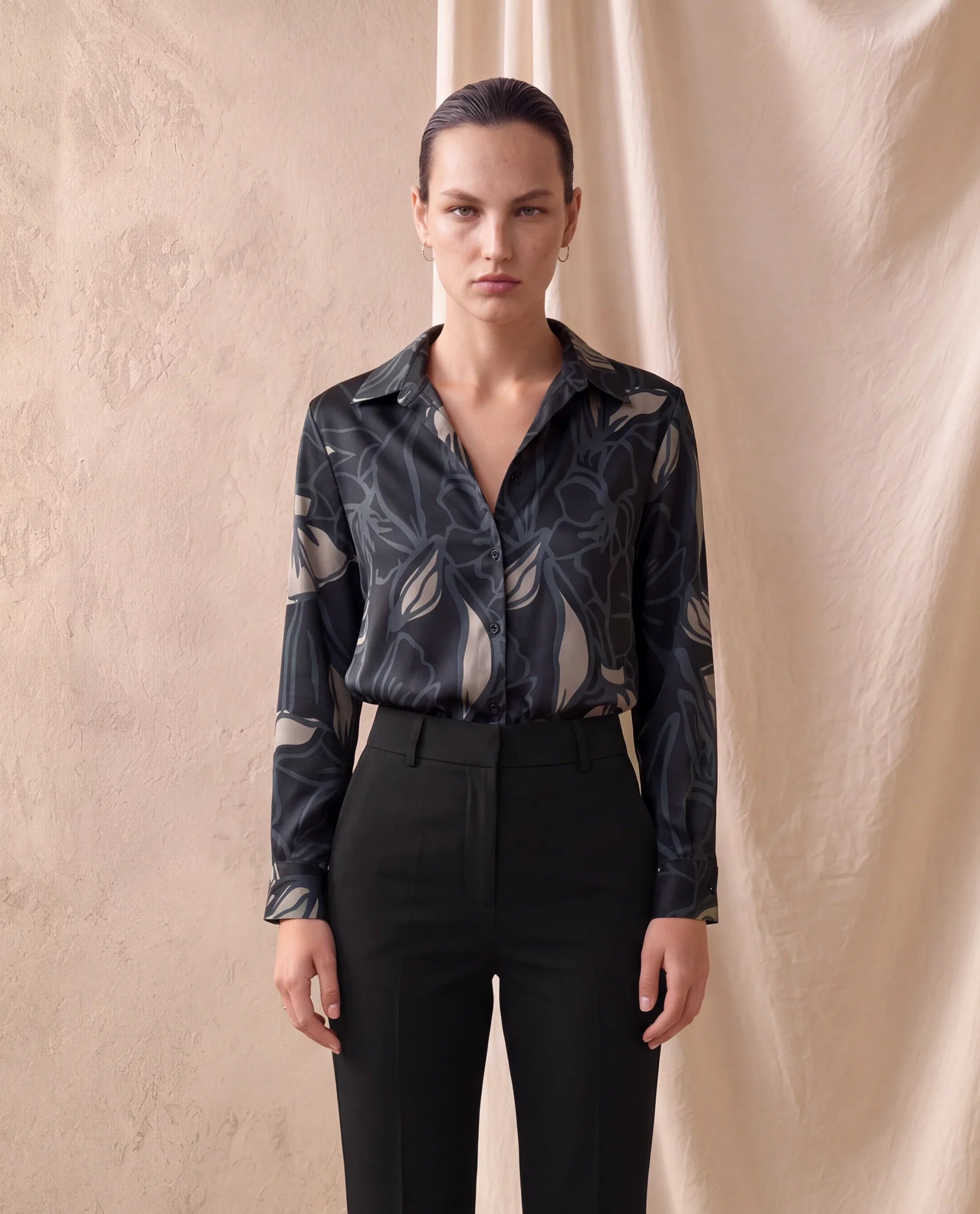 Rareism Women's Satino Black Abstract Satin Regular Long Sleeve Shirt