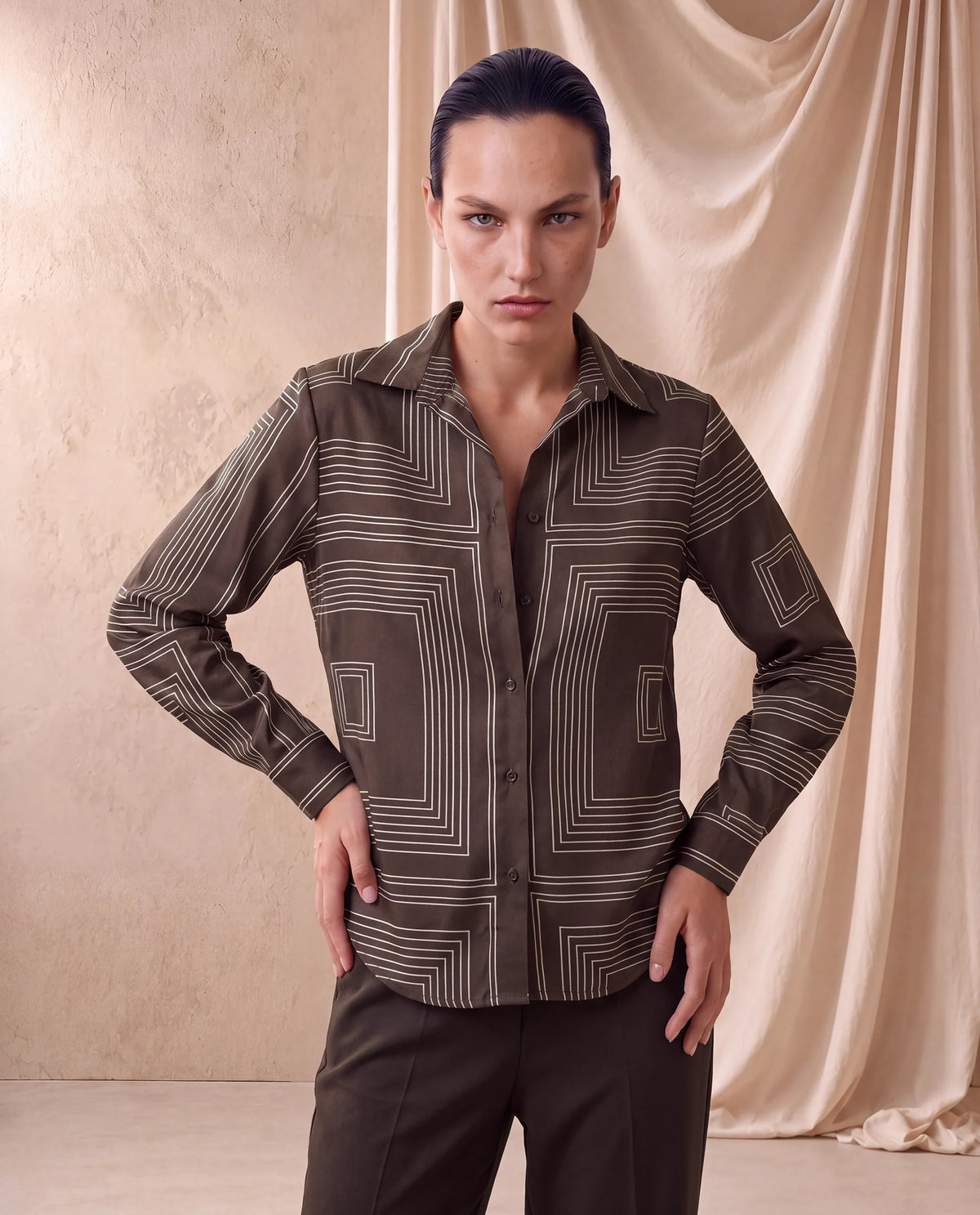 Rareism Women's Satino Brown Abstract Polyester Regular Long Sleeves Shirt