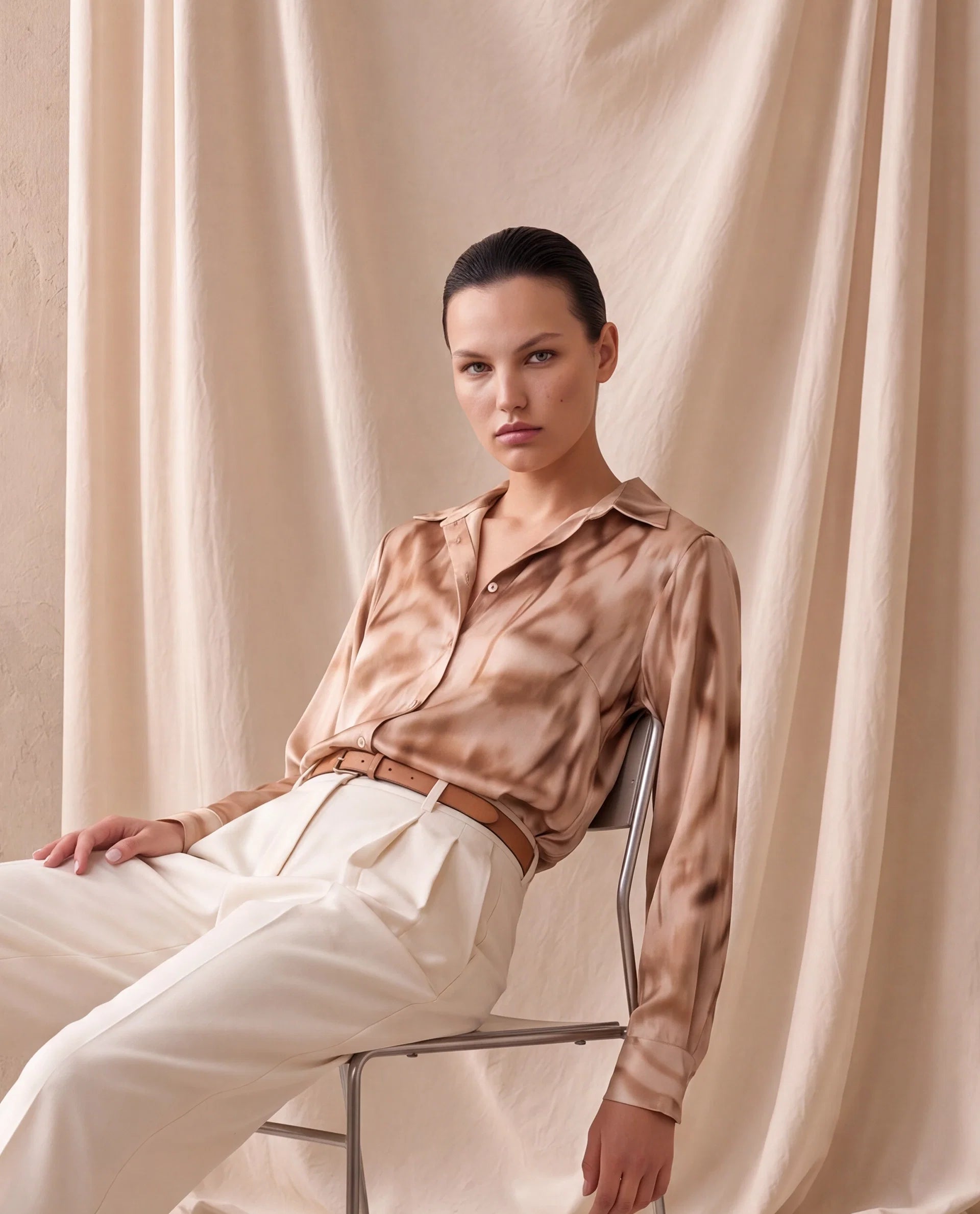 Rareism Women's Satino Dark Beige Abstract Polyester Regular Long Sleeves Shirt
