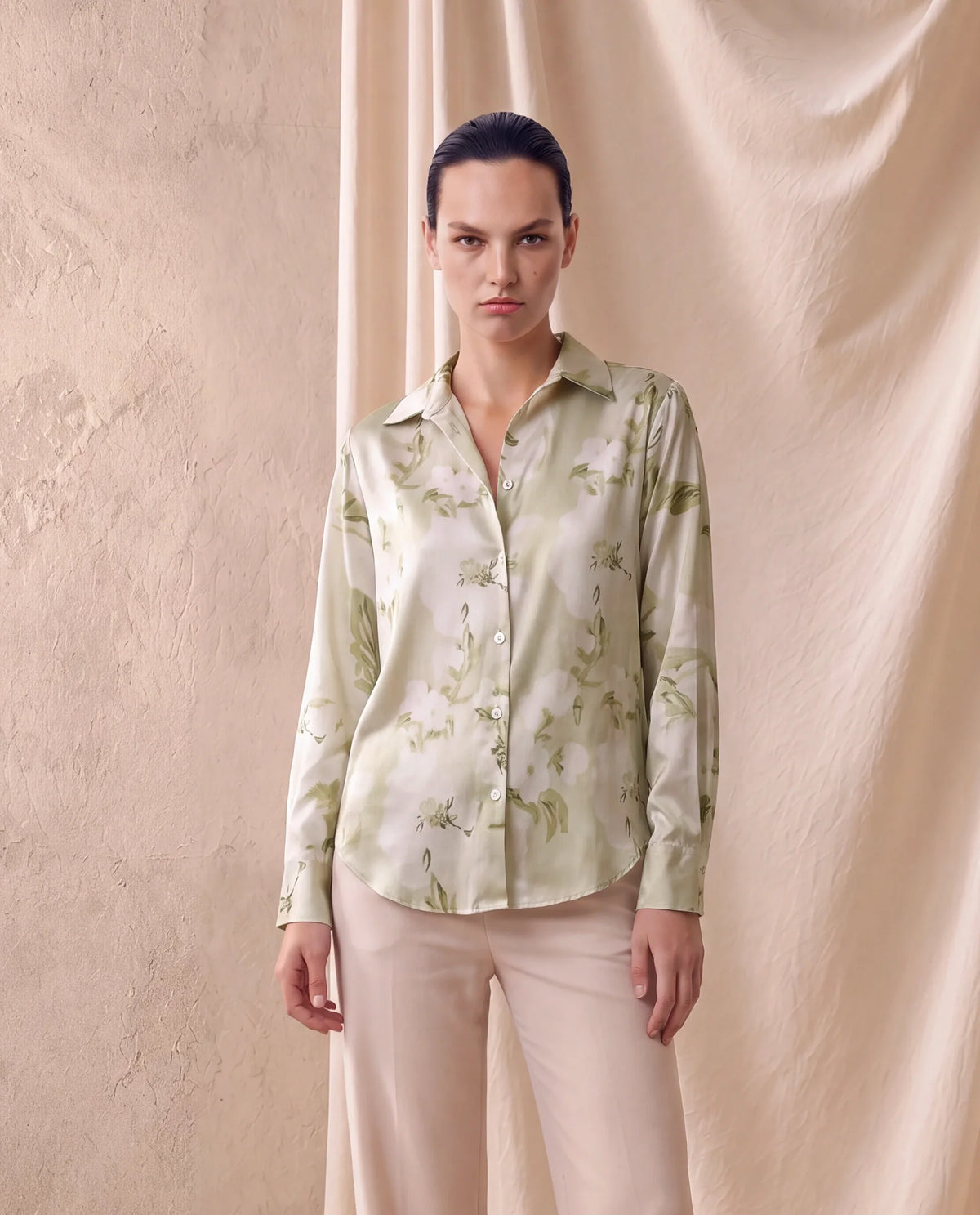 Rareism Women's Satino Light Green Abstract Polyester Regular Long Sleeves Shirt