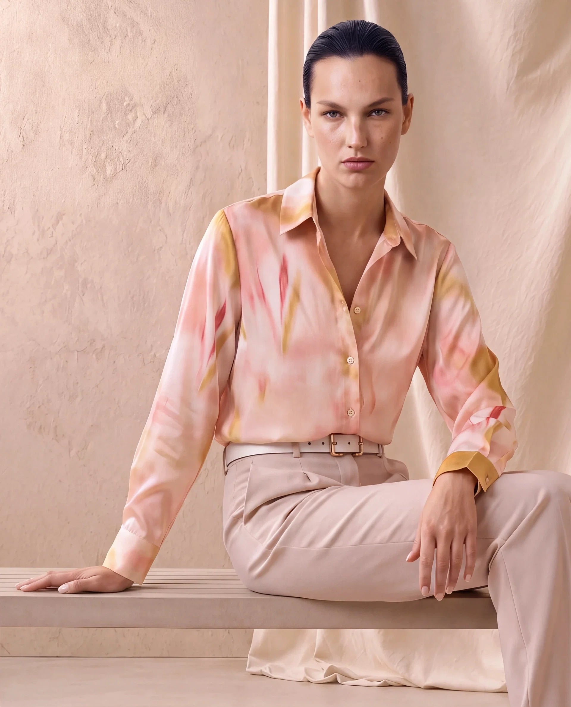 Rareism Women's Satino Pastel Pink Abstract Polyester Regular Long Sleeves Shirt