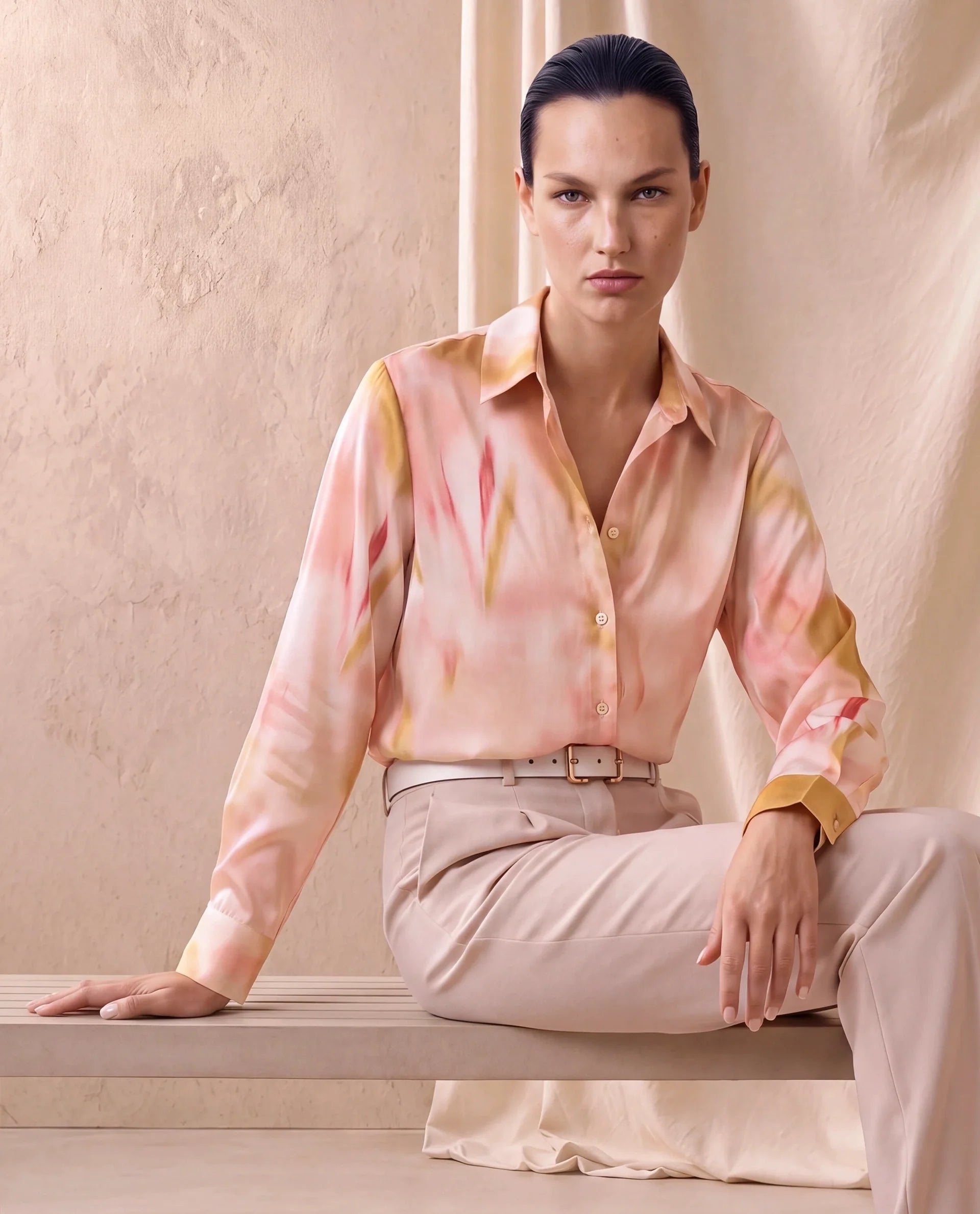 Rareism Women's Satino Pastel Pink Abstract Polyester Regular Long Sleeves Shirt