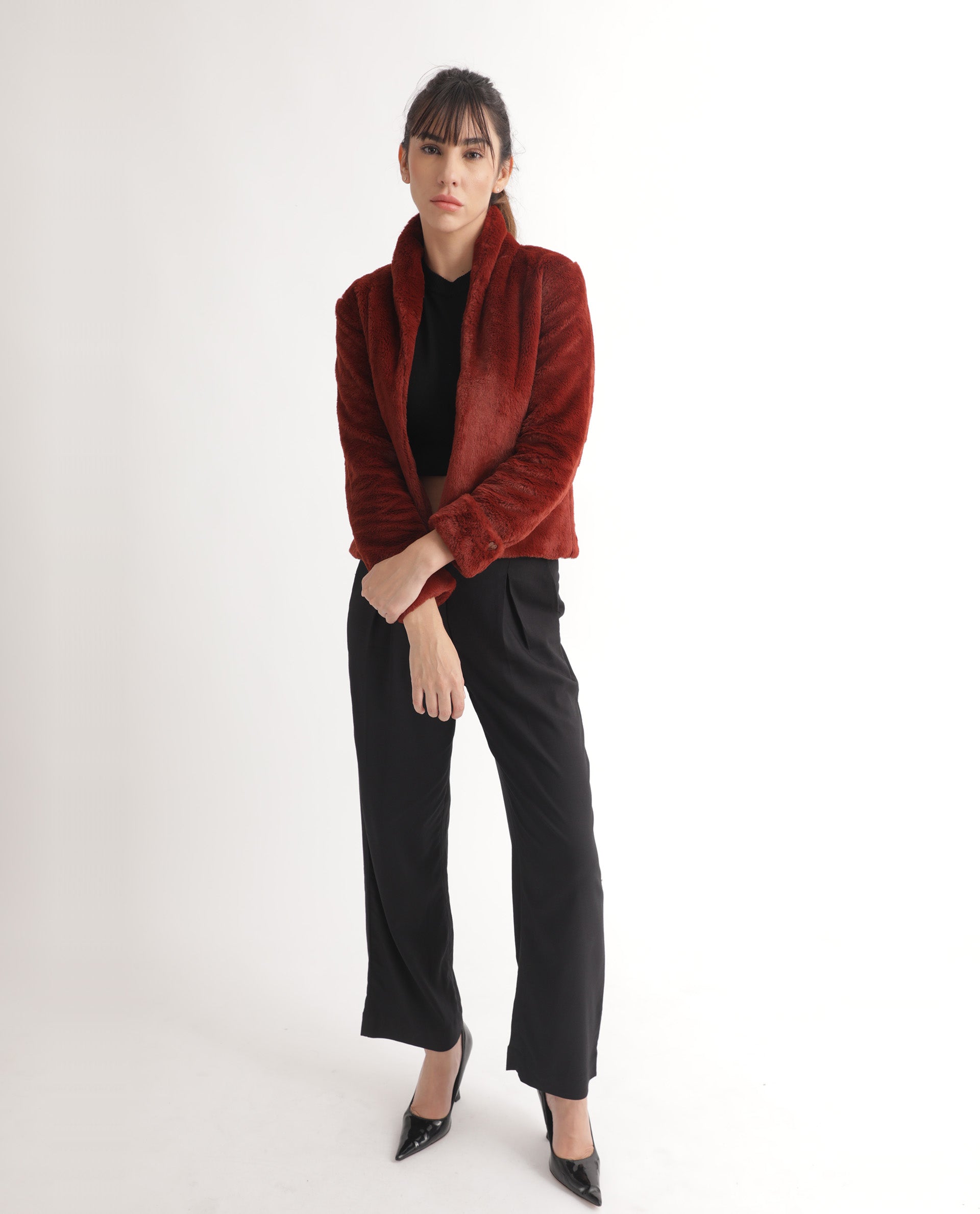 Rareism Women's Schella Rust Polyester High Neck Plain Regular Fit Jacket