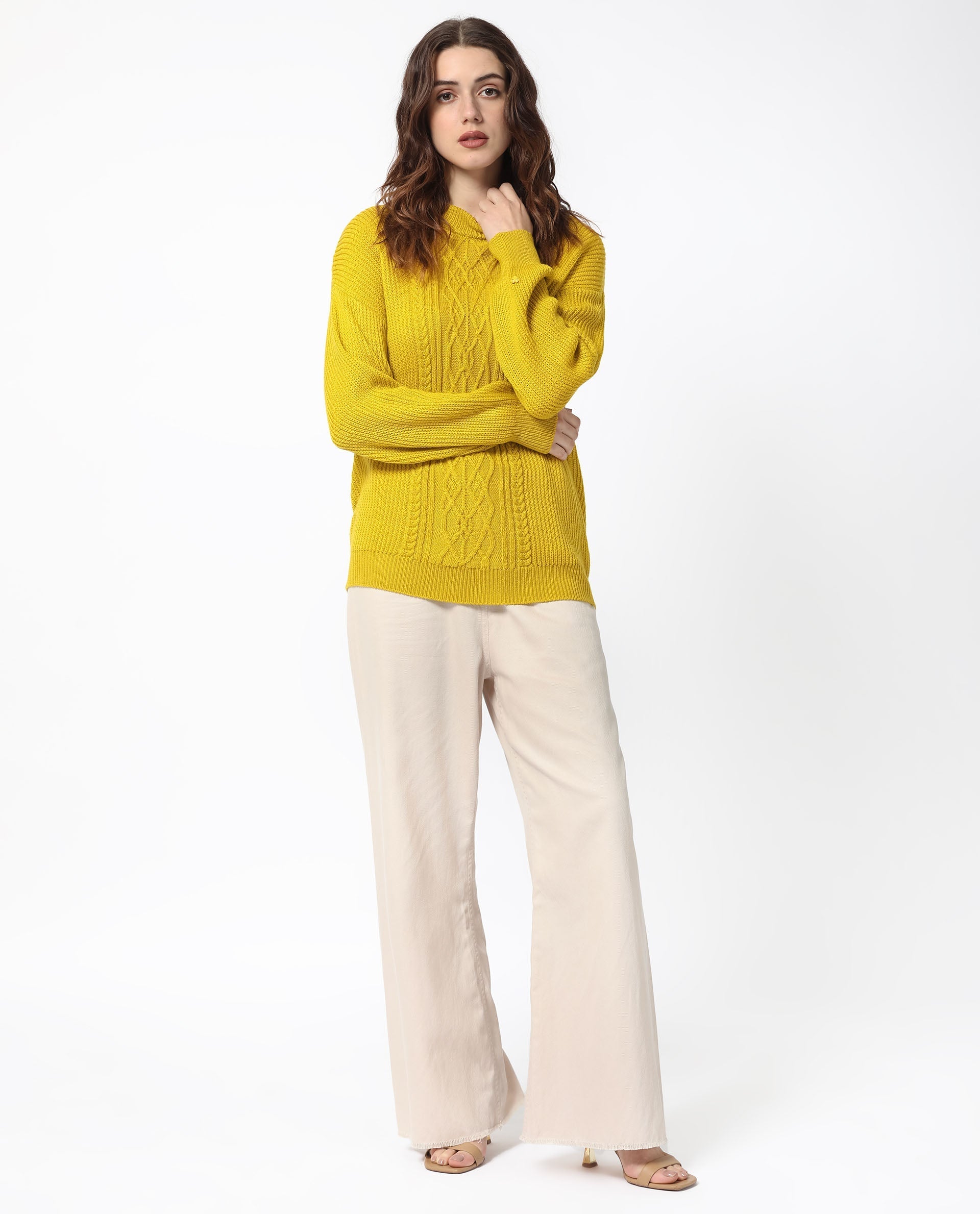 Rareism Women's Schitt Mustard Acrylic High Neck Plain Relaxed Fit Sweater
