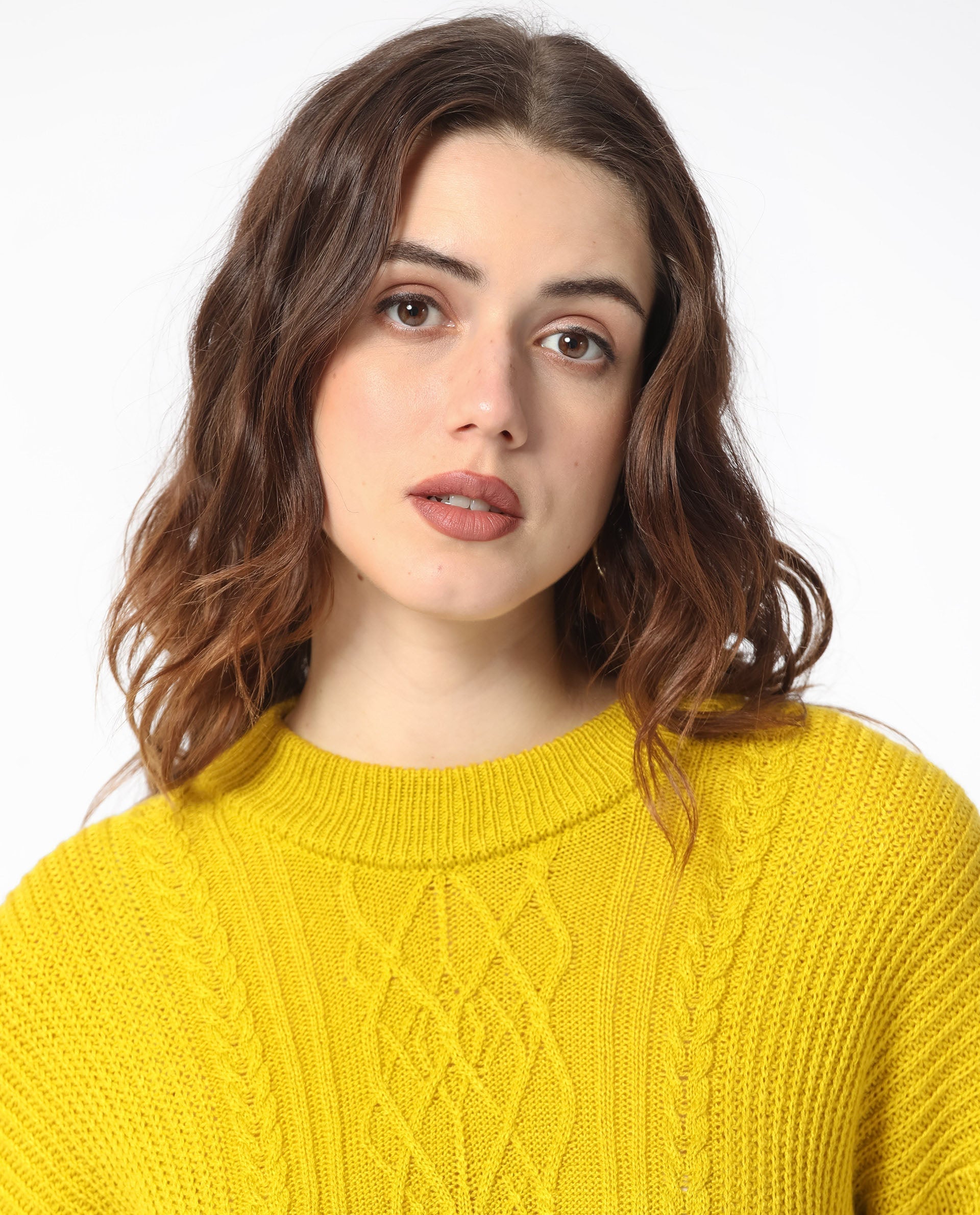 Rareism Women's Schitt Mustard Acrylic High Neck Plain Relaxed Fit Sweater