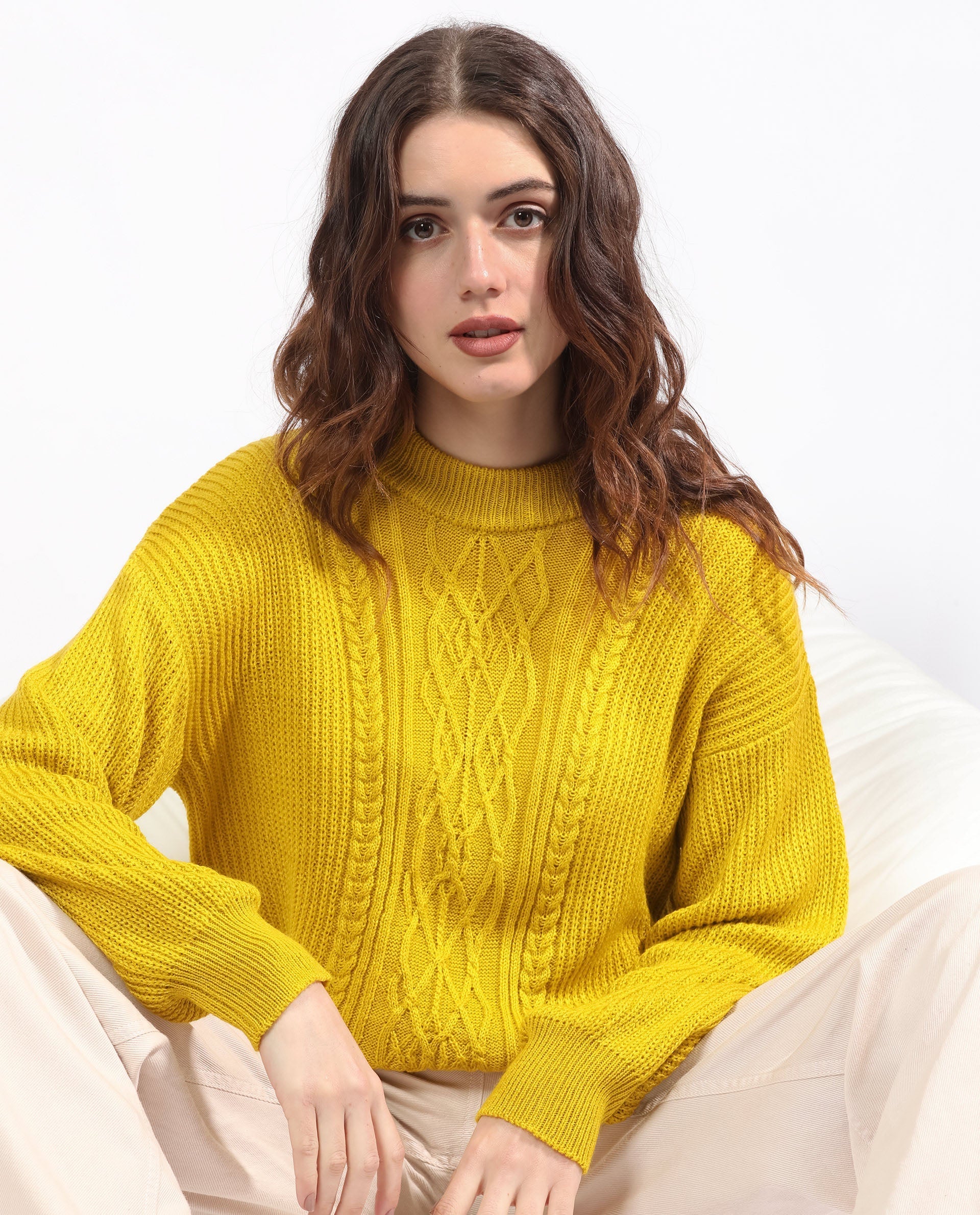 Rareism Women's Schitt Mustard Acrylic High Neck Plain Relaxed Fit Sweater