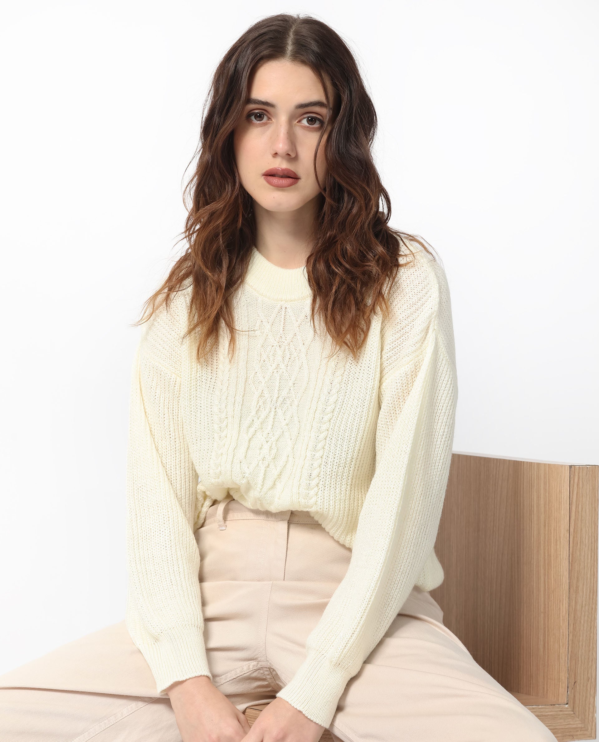 Rareism Women's Schitt Off White Acrylic High Neck Plain Relaxed Fit Sweater
