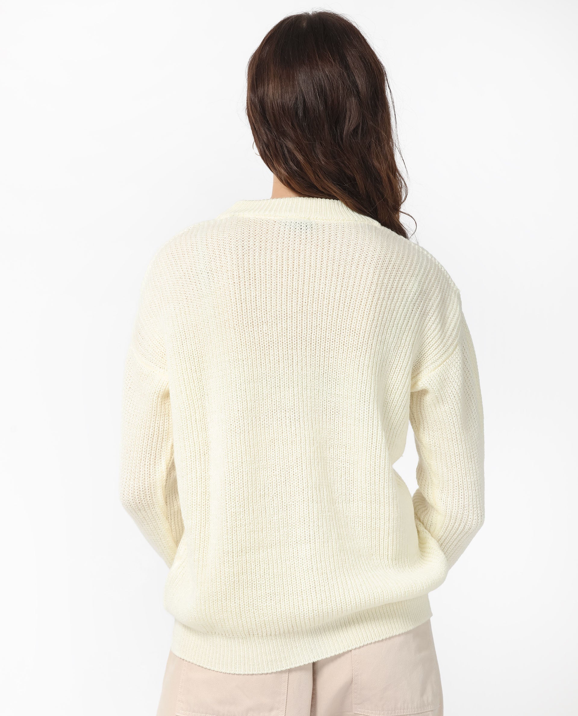 Rareism Women's Schitt Off White Acrylic High Neck Plain Relaxed Fit Sweater