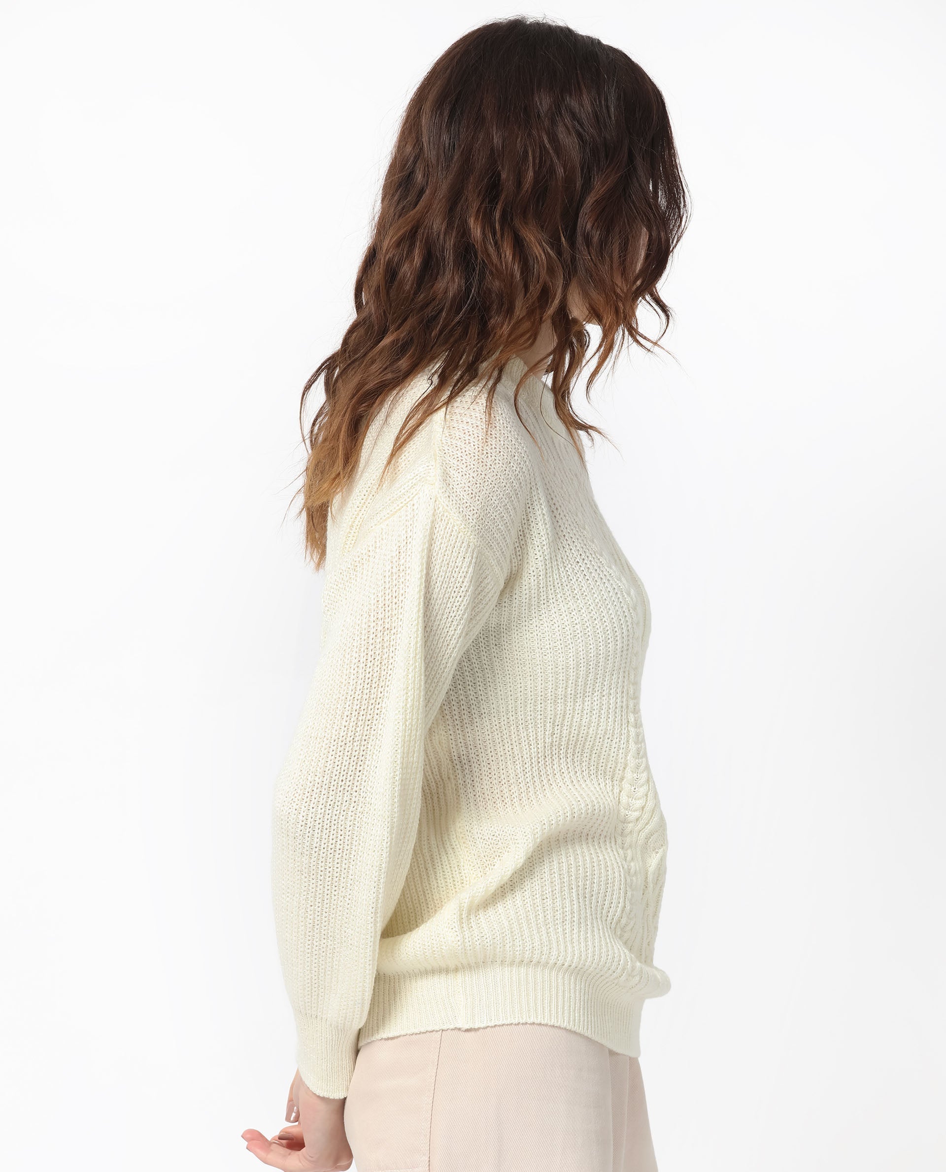 Rareism Women's Schitt Off White Acrylic High Neck Plain Relaxed Fit Sweater