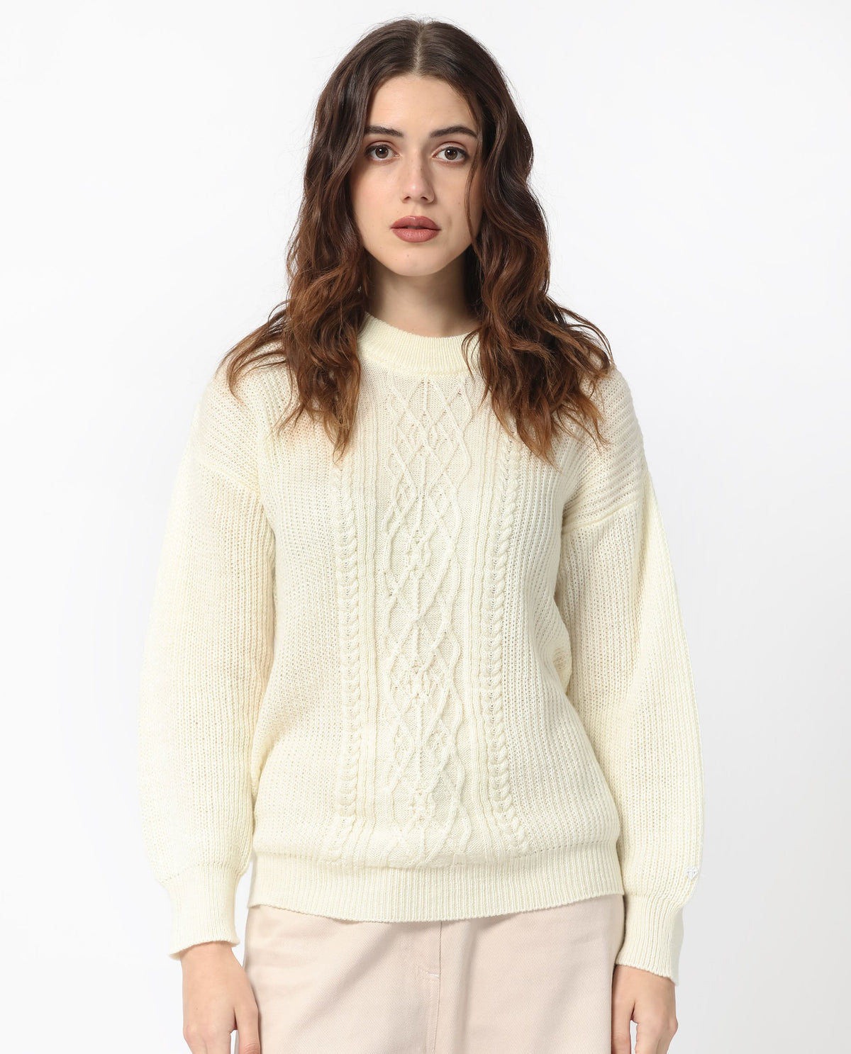 Rareism Women Schitt Off White Acrylic Fabric Full Sleeves Relaxed Fit Solid High Neck Sweater
