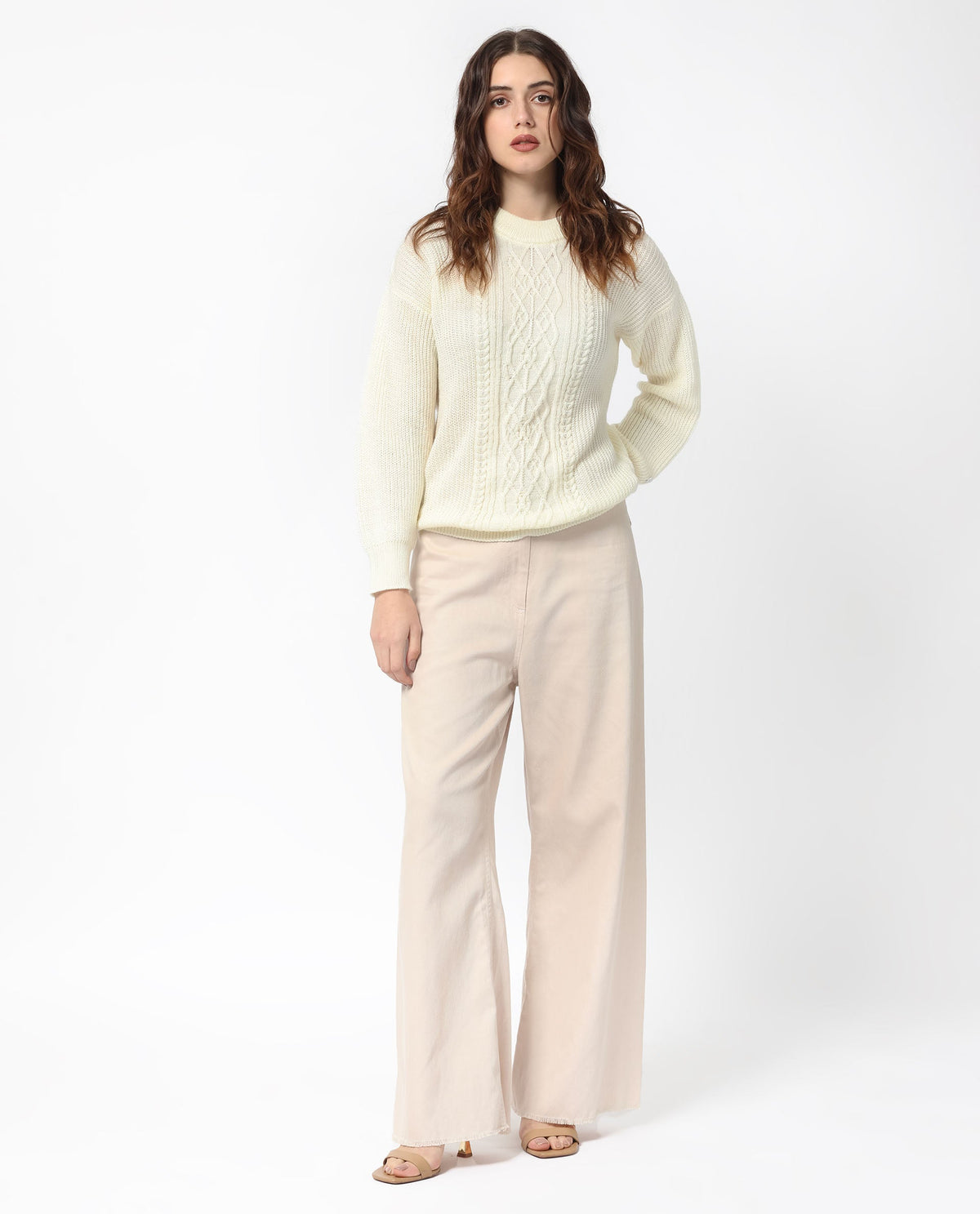 Rareism Women Schitt Off White Acrylic Fabric Full Sleeves Relaxed Fit Solid High Neck Sweater