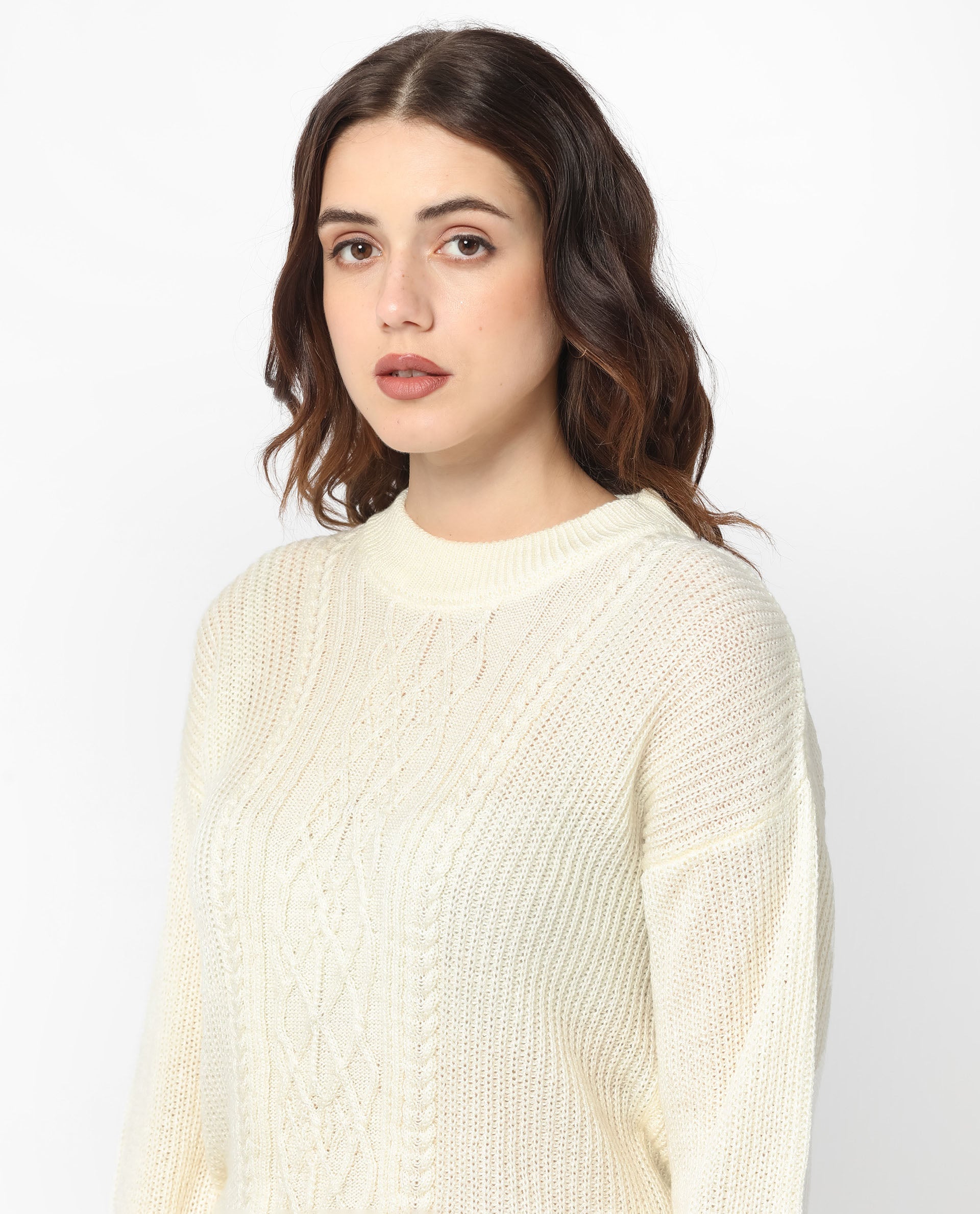 Rareism Women's Schitt Off White Acrylic High Neck Plain Relaxed Fit Sweater