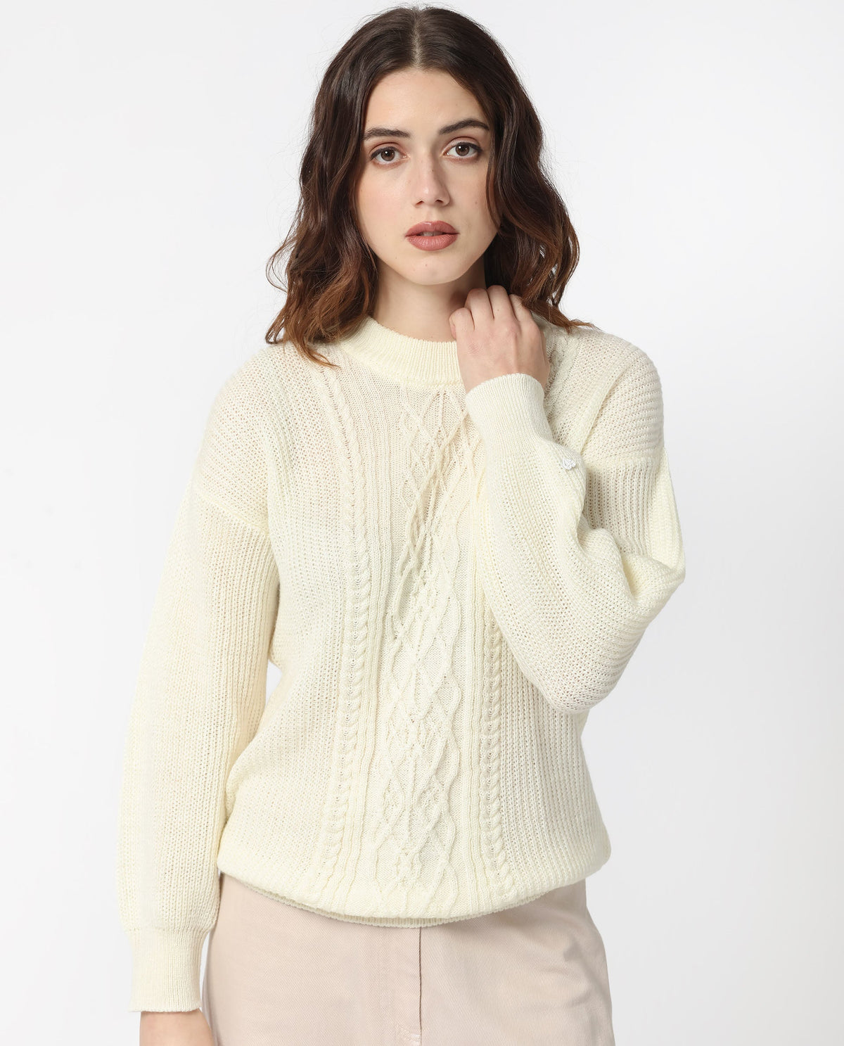 Rareism Women Schitt Off White Acrylic Fabric Full Sleeves Relaxed Fit Solid High Neck Sweater