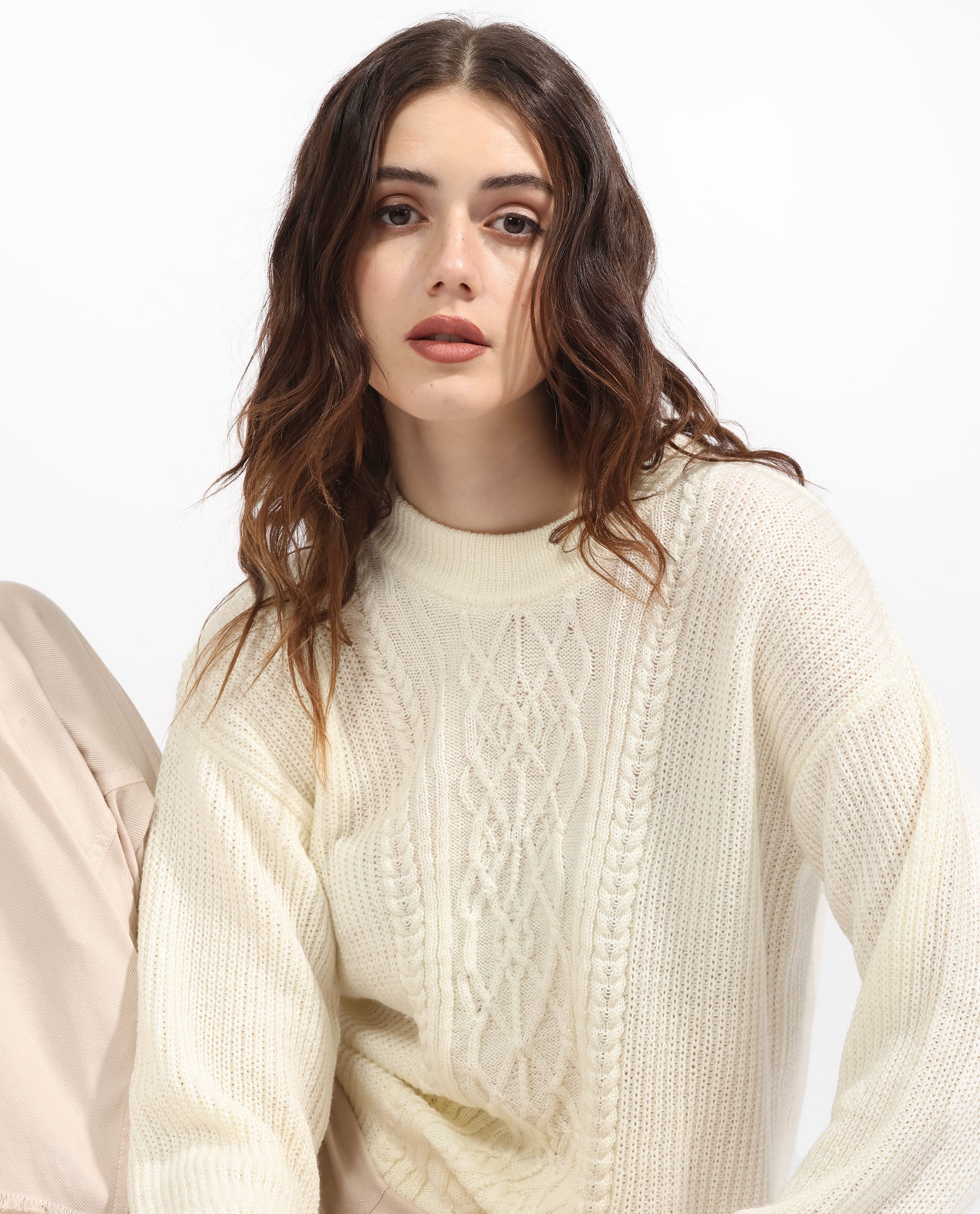 Rareism Women's Schitt Off White Acrylic High Neck Plain Relaxed Fit Sweater