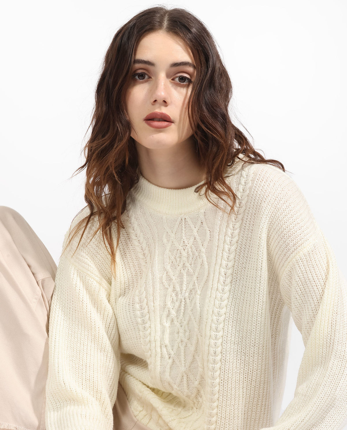 Rareism Women Schitt Off White Acrylic Fabric Full Sleeves Relaxed Fit Solid High Neck Sweater