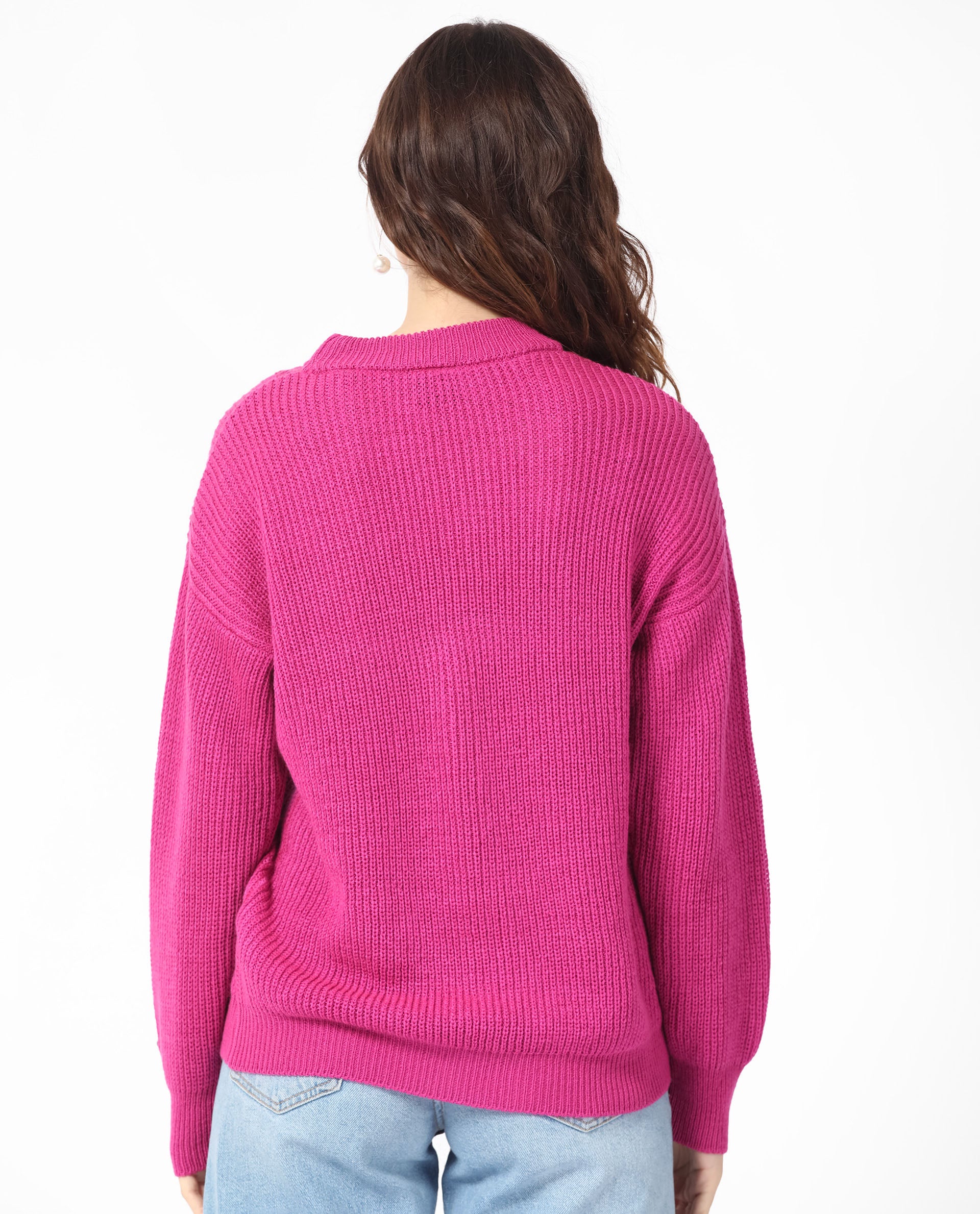 Rareism Women's Schitt Flouroscent Pink Acrylic High Neck Plain Relaxed Fit Sweater