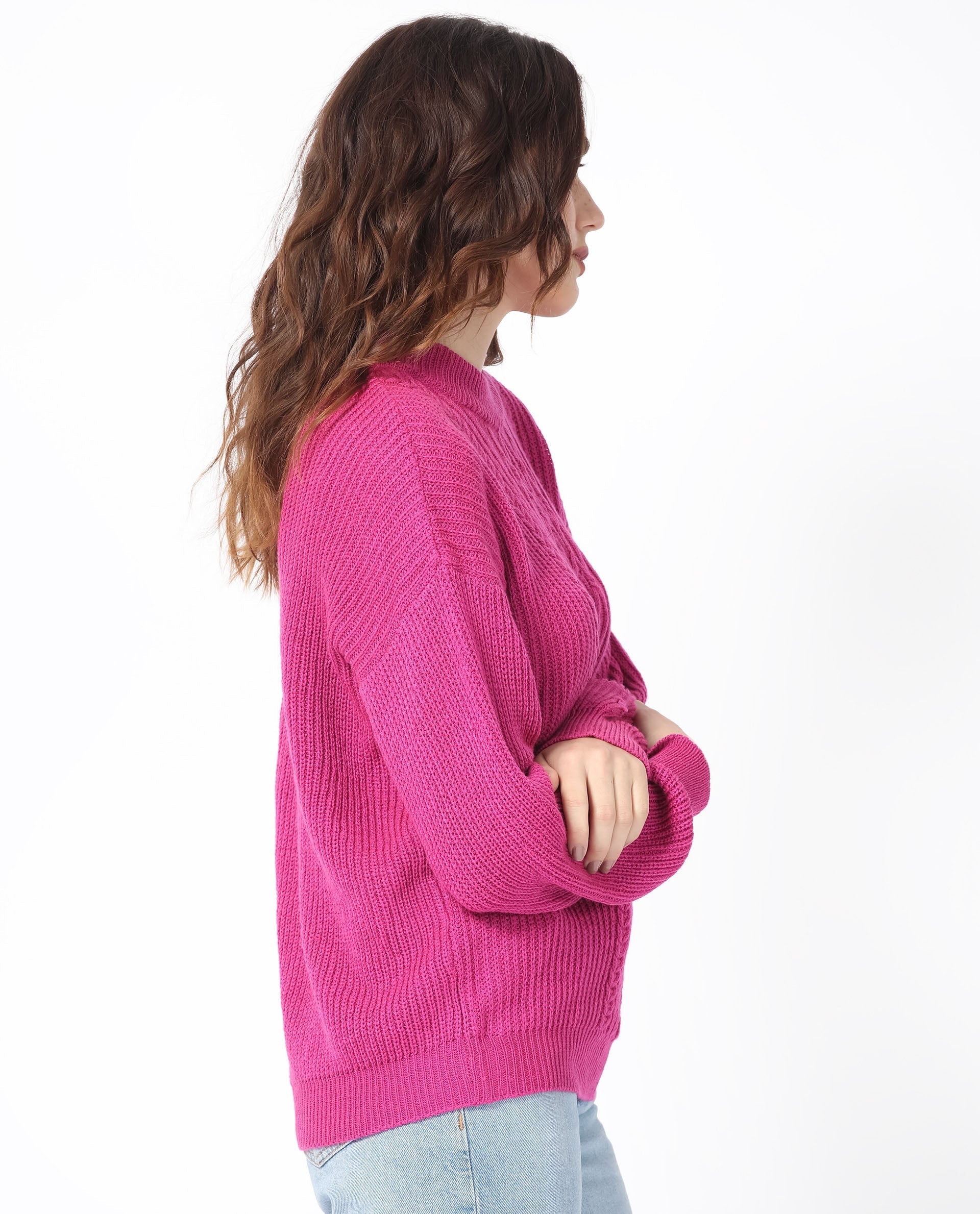 Rareism Women's Schitt Flouroscent Pink Acrylic High Neck Plain Relaxed Fit Sweater