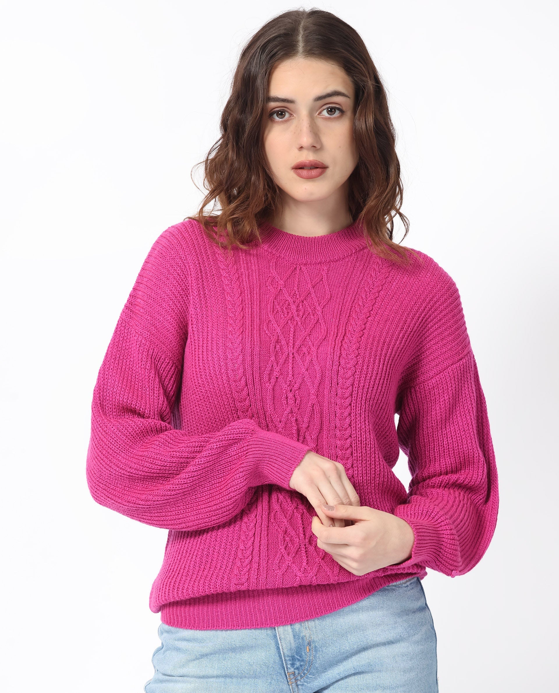 Rareism Women's Schitt Flouroscent Pink Acrylic High Neck Plain Relaxed Fit Sweater