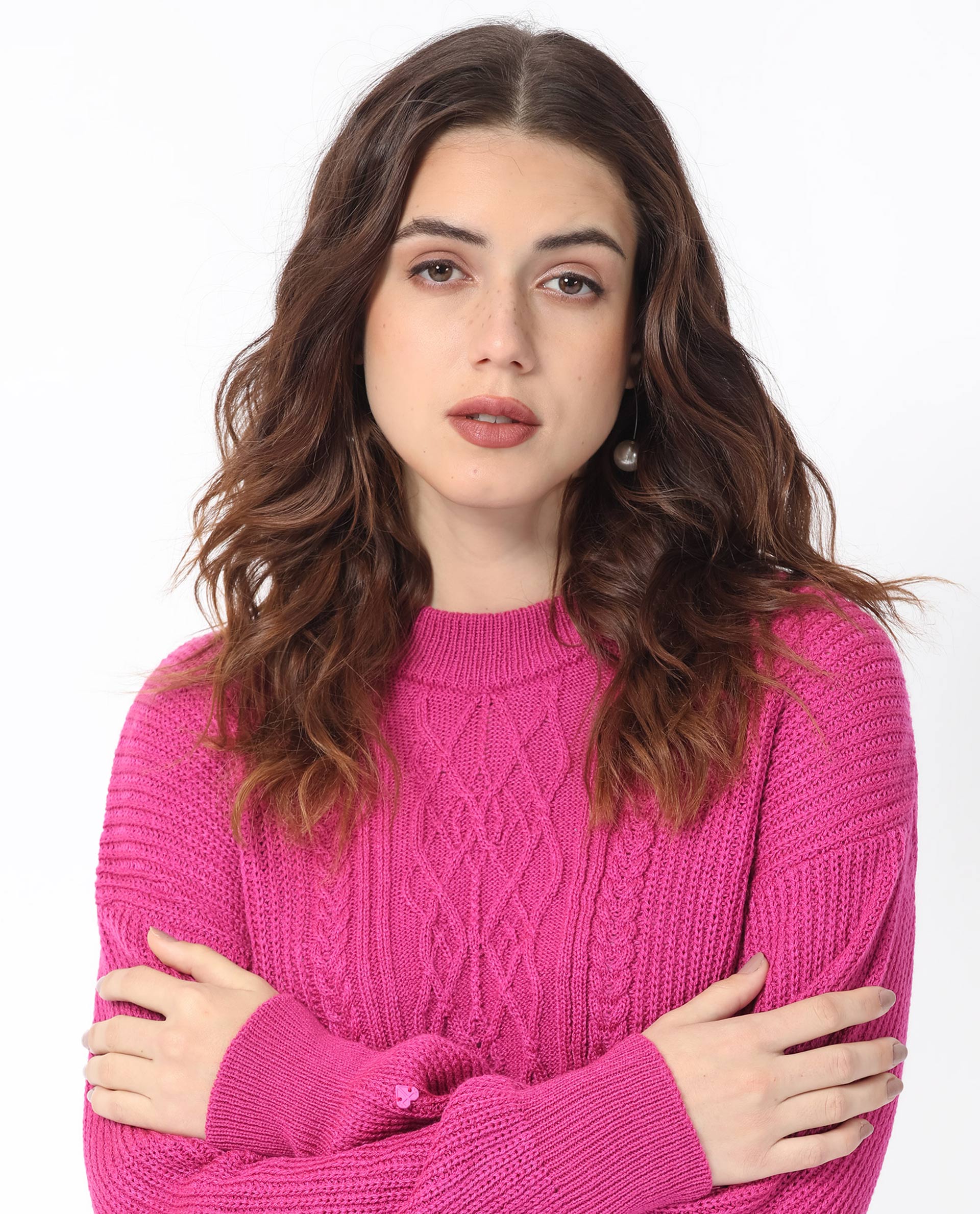 Rareism Women's Schitt Flouroscent Pink Acrylic High Neck Plain Relaxed Fit Sweater