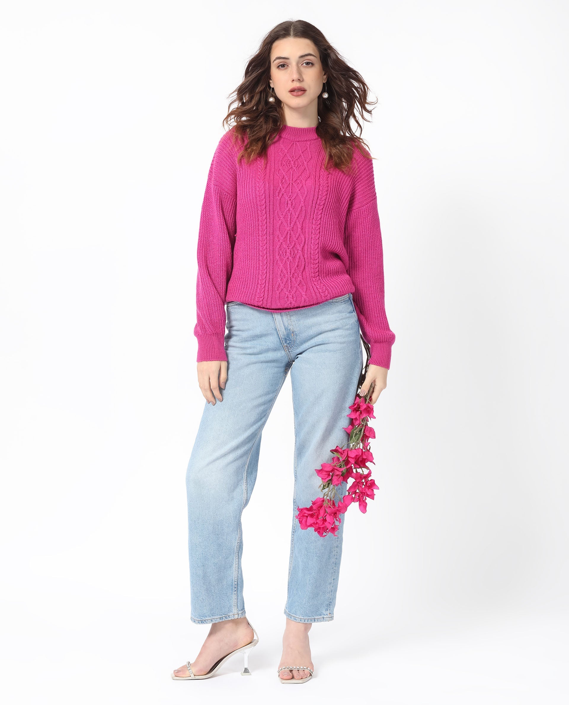 Rareism Women's Schitt Flouroscent Pink Acrylic High Neck Plain Relaxed Fit Sweater
