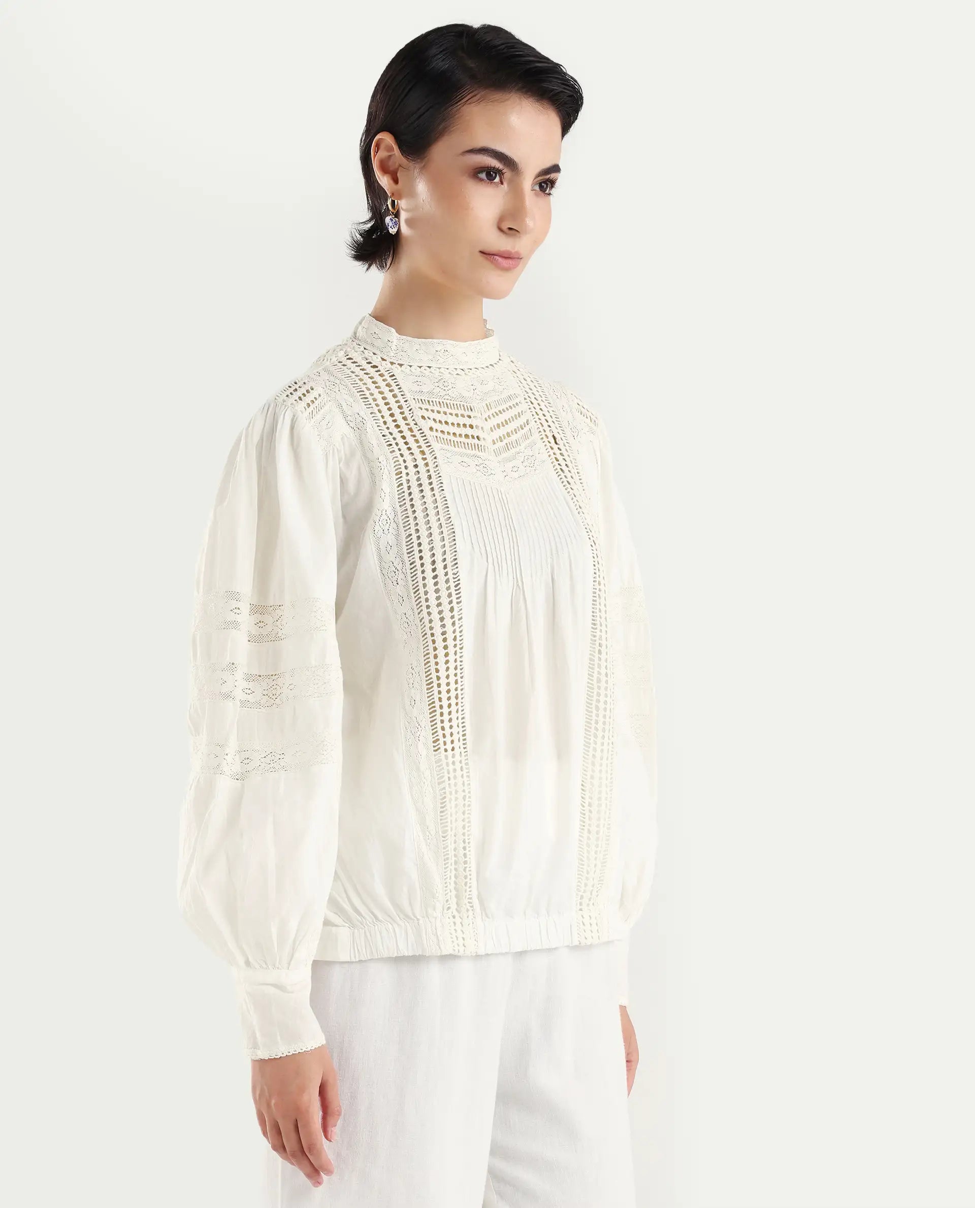 Rareism Women's Schwan White Cotton High Neck Plain Balloon Sleeve Regular Fit Top