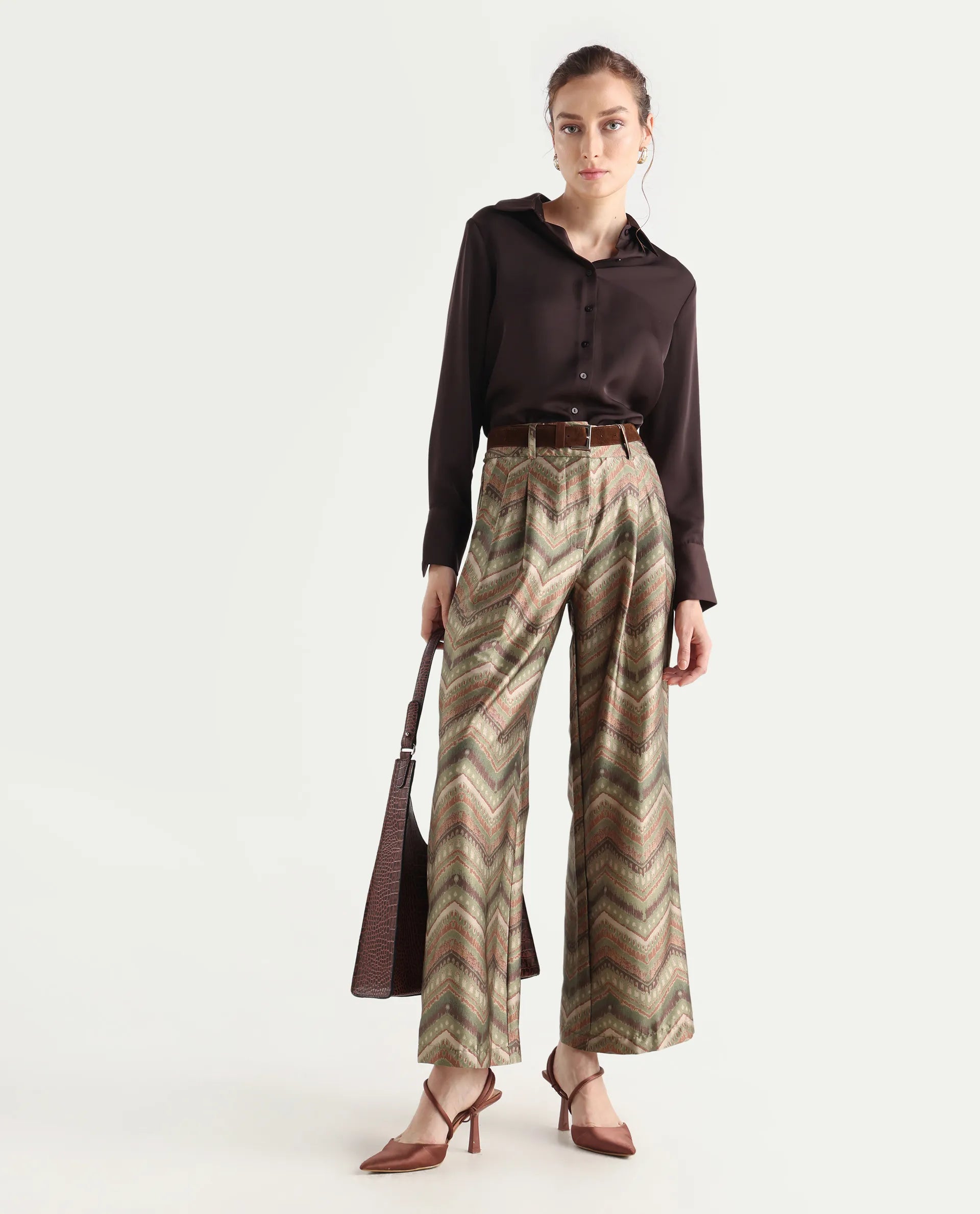 Rareism Women's Scilla Multi Polyester Geometric Print Ankle Length Wide Trouser