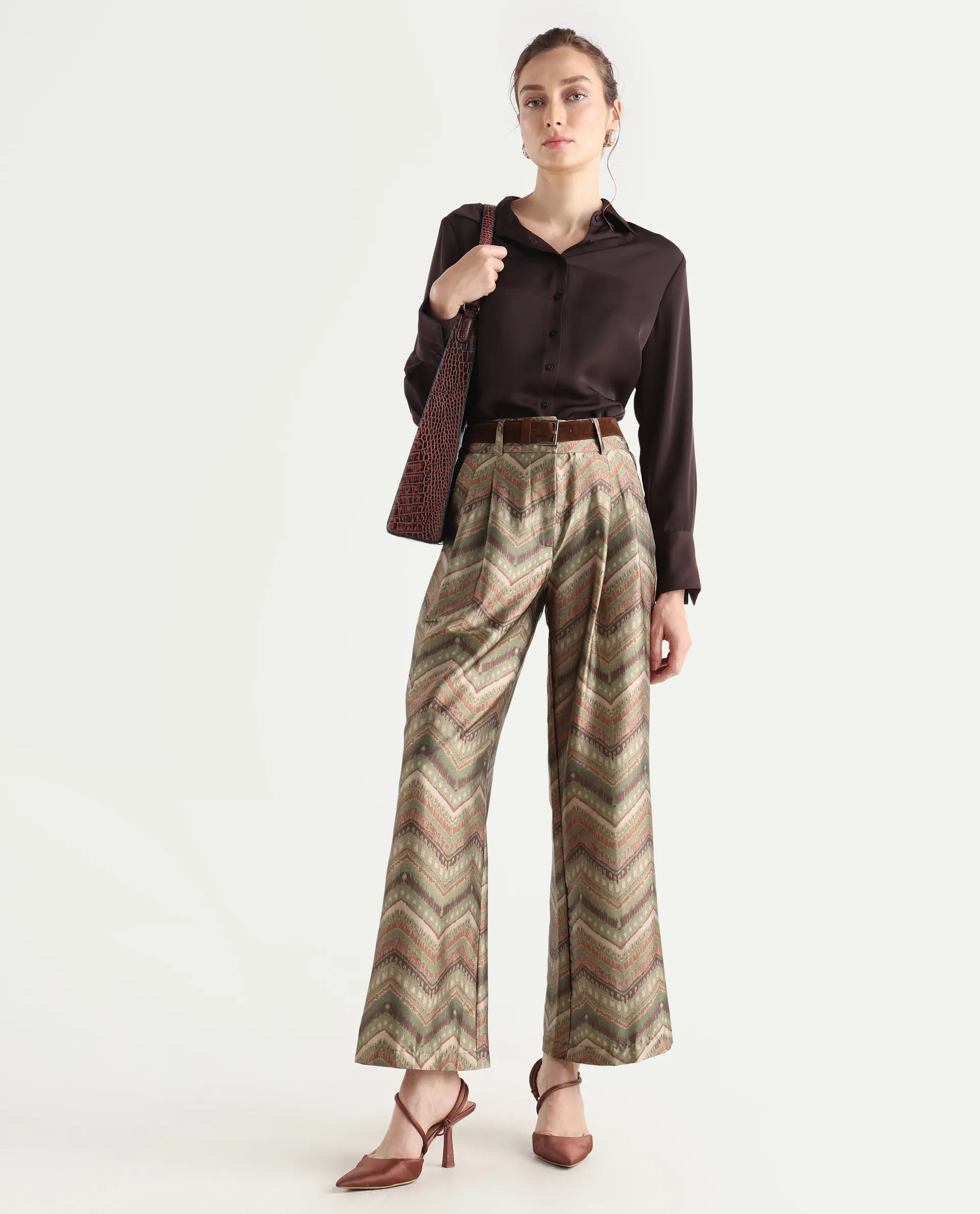 Rareism Women's Scilla Multi Polyester Geometric Print Ankle Length Wide Trouser