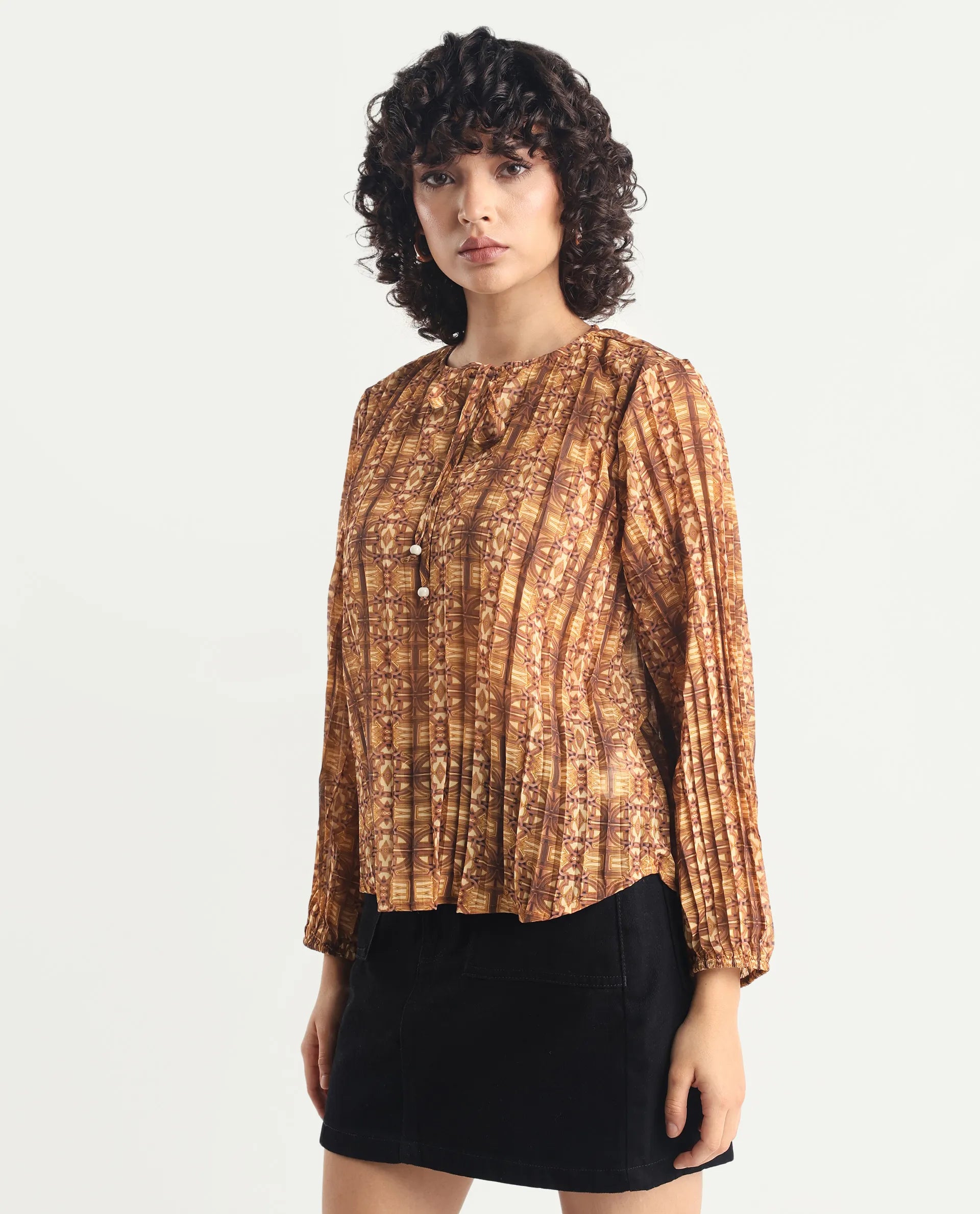 Rareism Women's Scoob Brown Polyester Tie-Up Neck Abstract Print Relaxed Fit Top