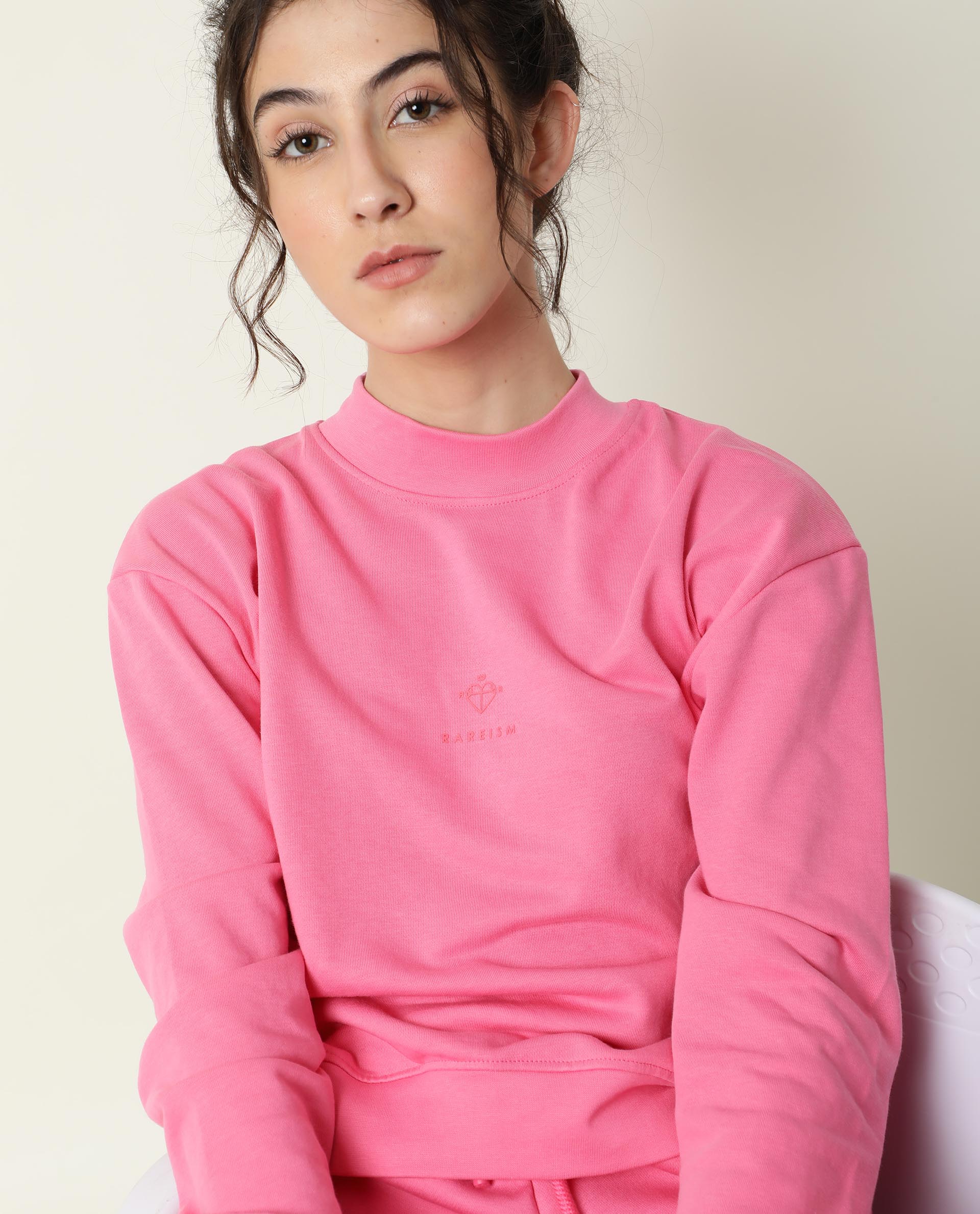 Rareism Women Necker Pink Relaxed Fit Full Sleeves Solid High Neck Sweatshirt