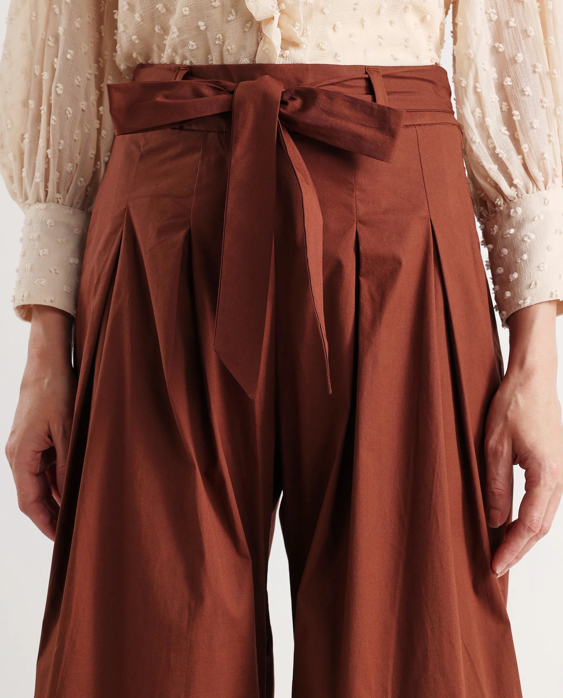 Rareism Women's Sebern Brown Cotton Blend Plain Ankle Length Flared Trouser