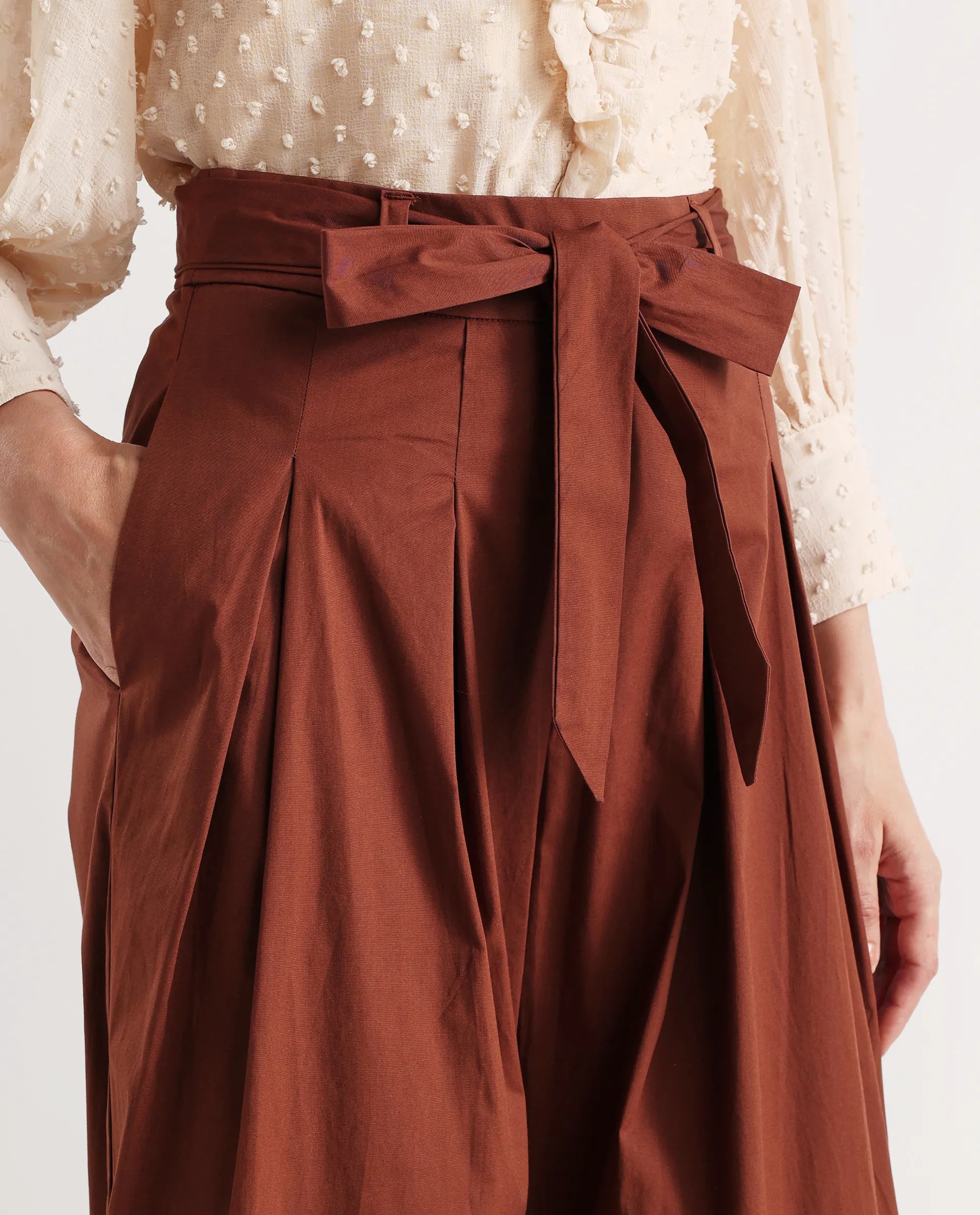 Rareism Women's Sebern Brown Cotton Blend Plain Ankle Length Flared Trouser