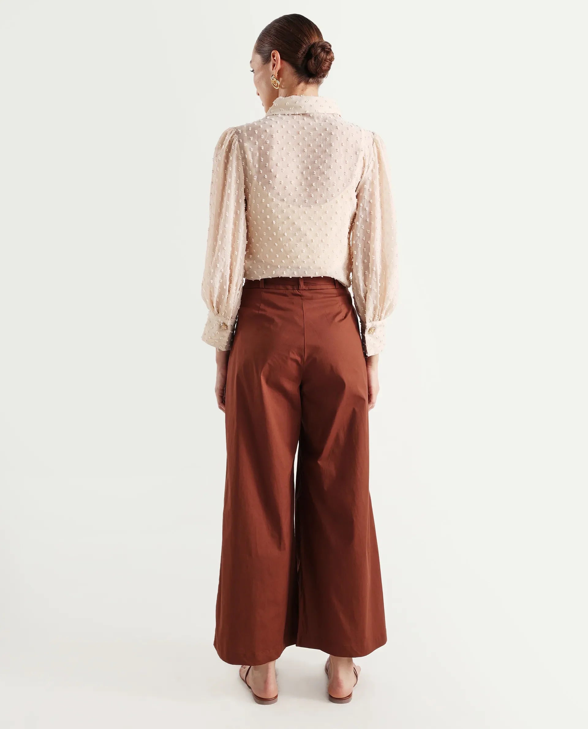 Rareism Women's Sebern Brown Cotton Blend Plain Ankle Length Flared Trouser