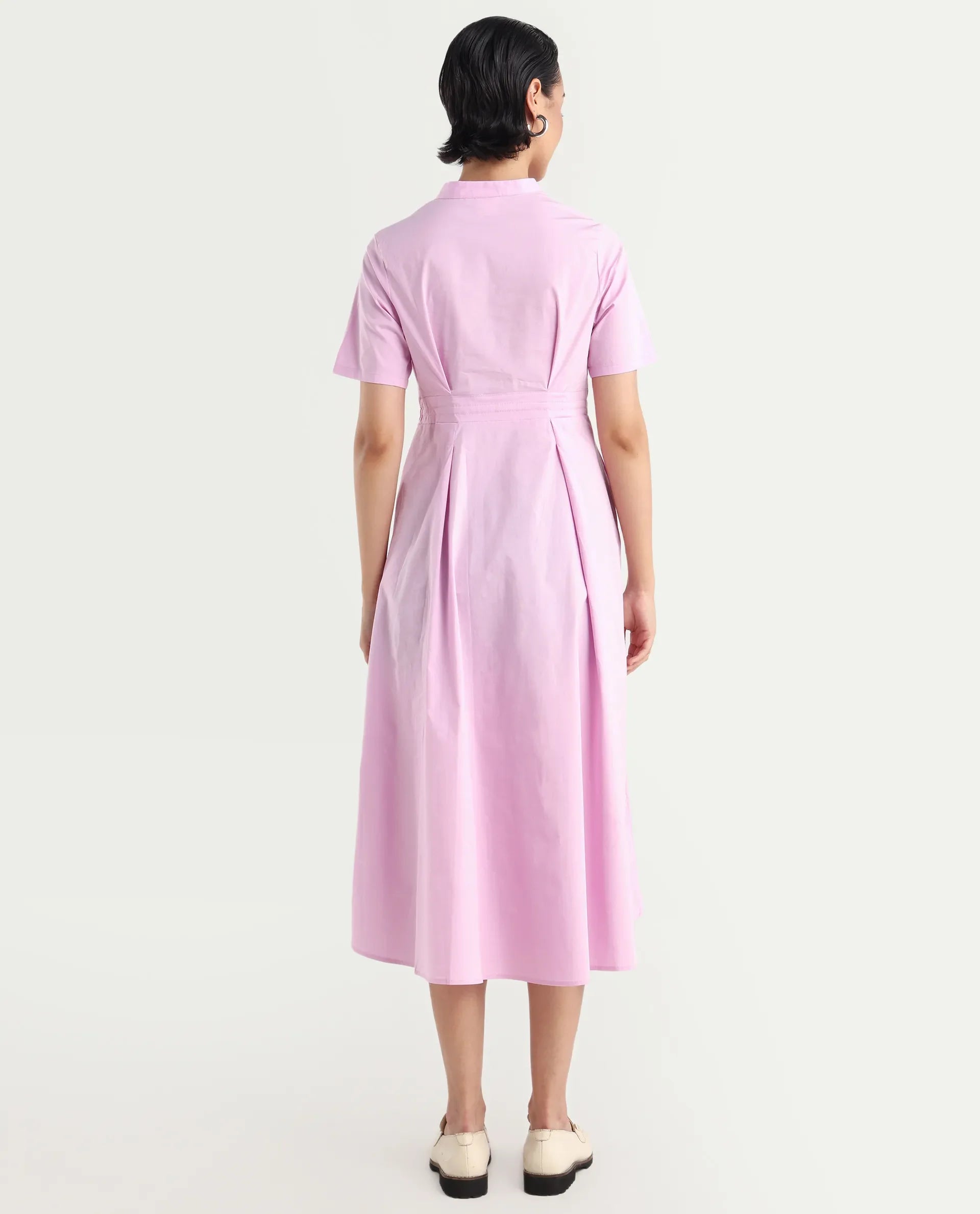 Rareism Women's Sede Pink Cotton Blend Mandarin Collar Plain Midi Flared Dress