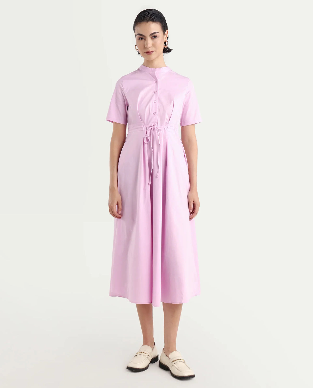Rareism Women's Sede Pink Cotton Blend Mandarin Collar Plain Midi Flared Dress