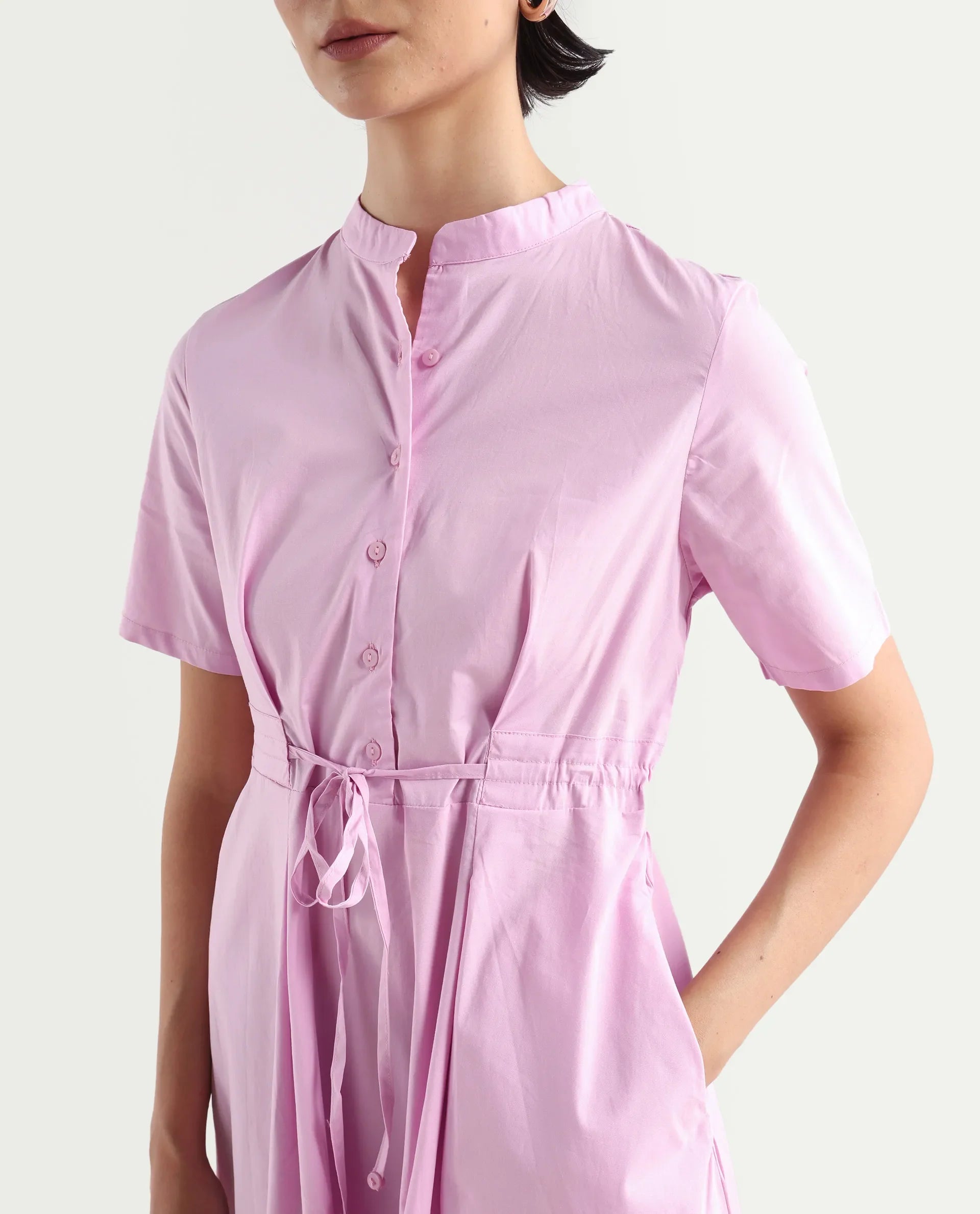 Rareism Women's Sede Pink Cotton Blend Mandarin Collar Plain Midi Flared Dress