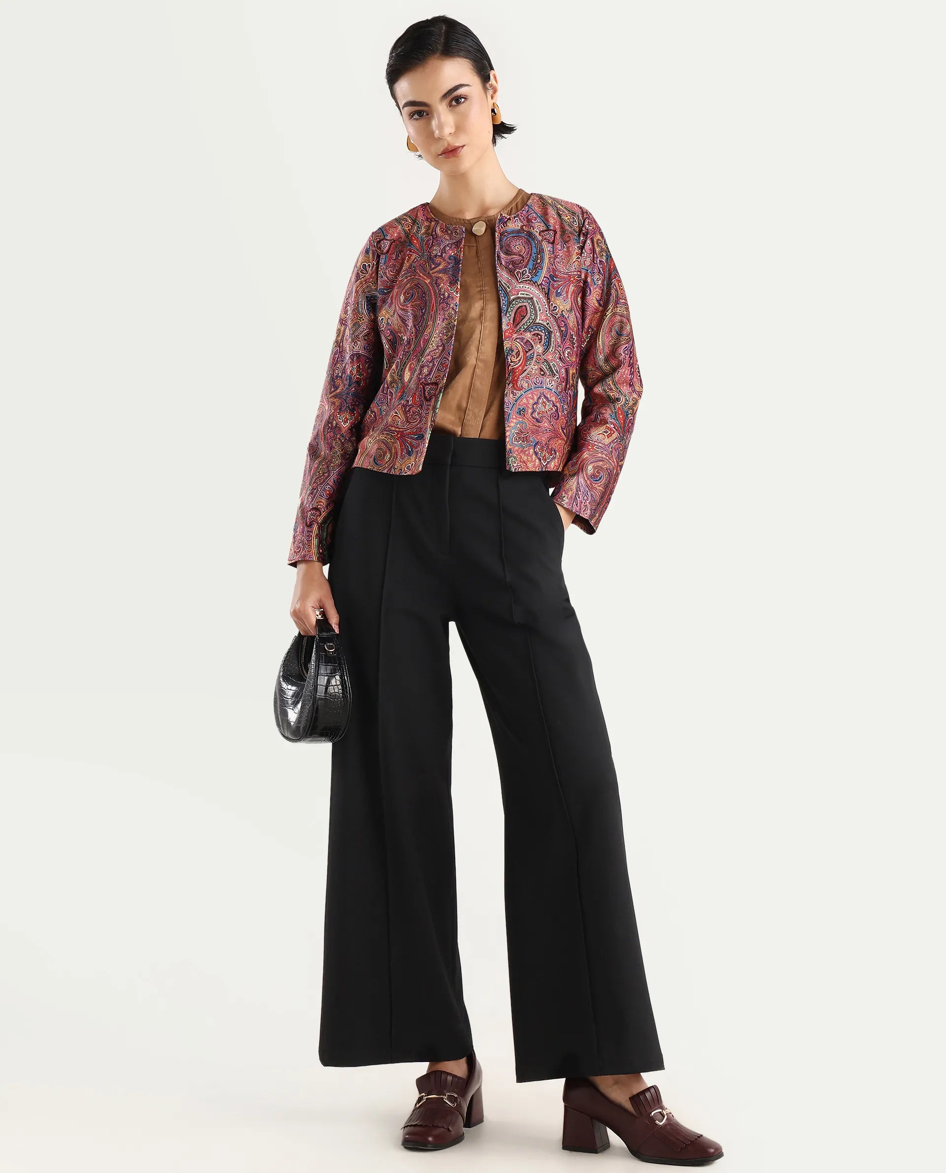 Rareism Women's Sedfer Multi Velvet Collarless Paisley Print Regular Fit Jacket