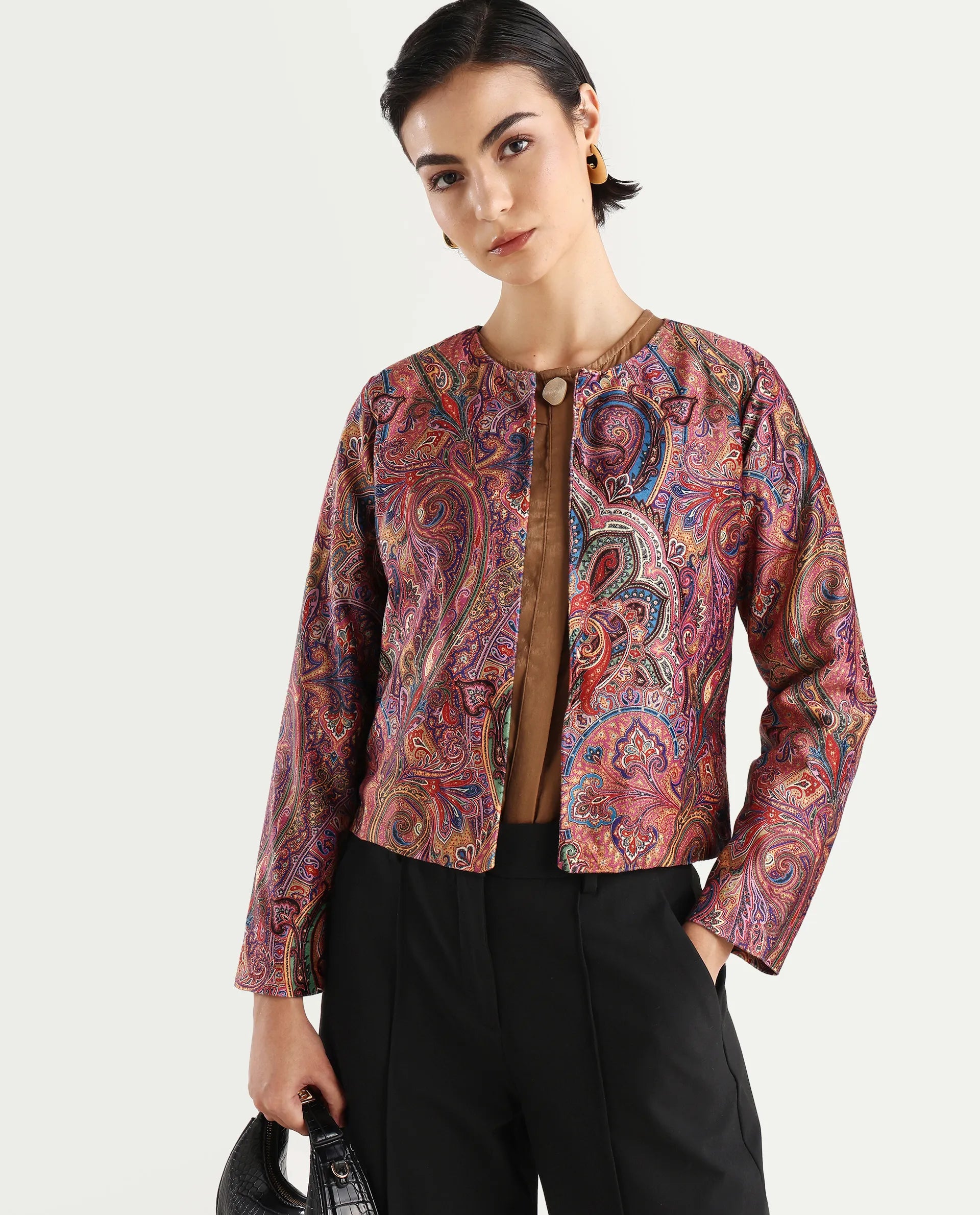 Rareism Women's Sedfer Multi Velvet Collarless Paisley Print Regular Fit Jacket