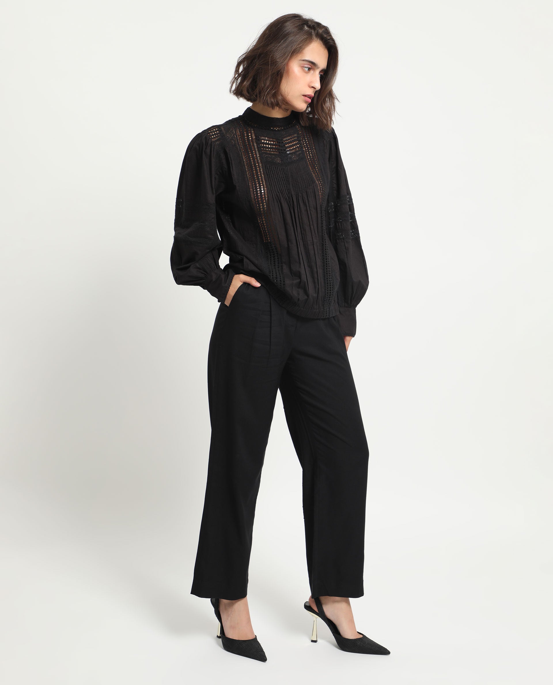 Rareism Women's Schwan Black Cotton High Neck Plain Balloon Sleeve Regular Fit Top