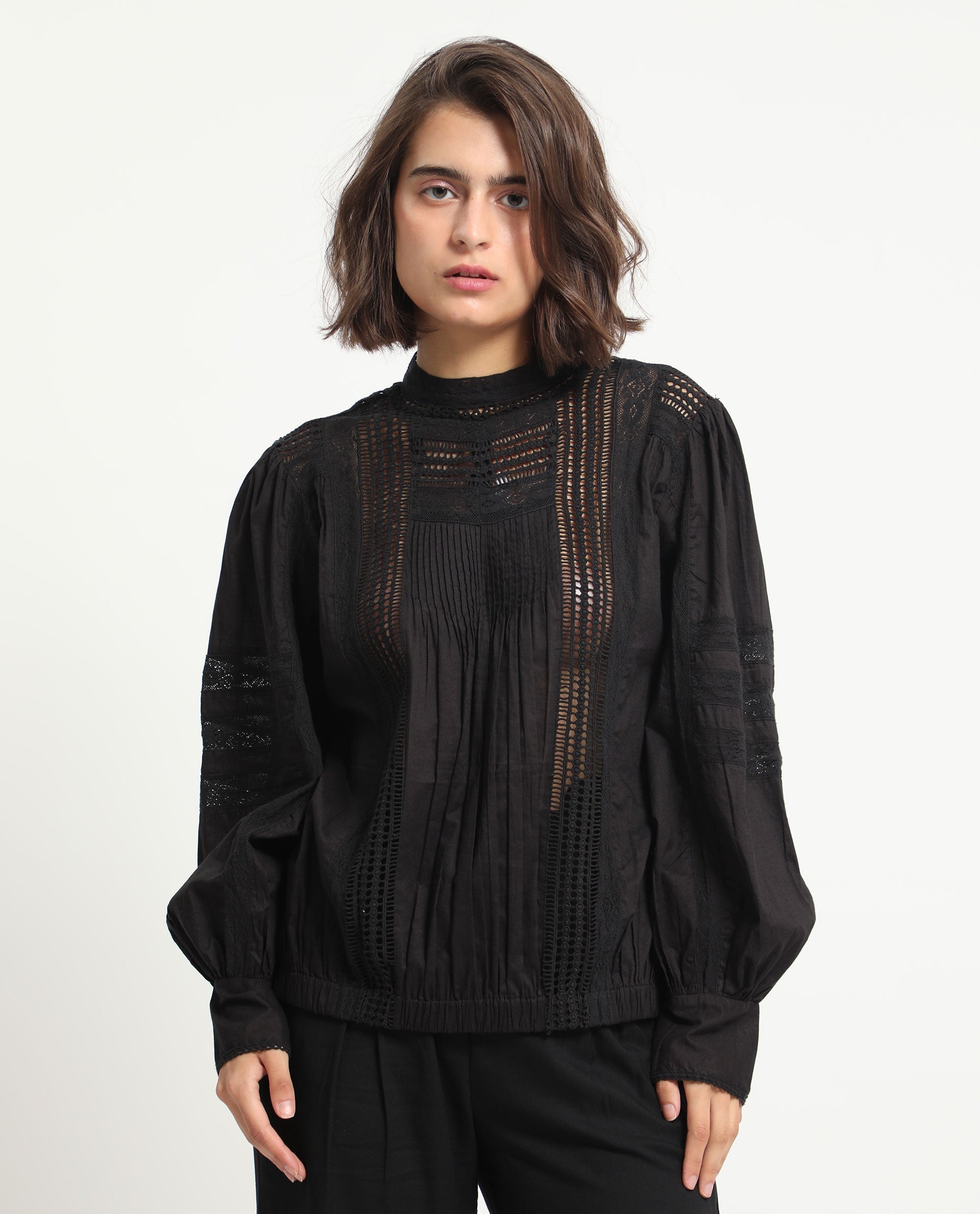 Rareism Women's Schwan Black Cotton High Neck Plain Balloon Sleeve Regular Fit Top