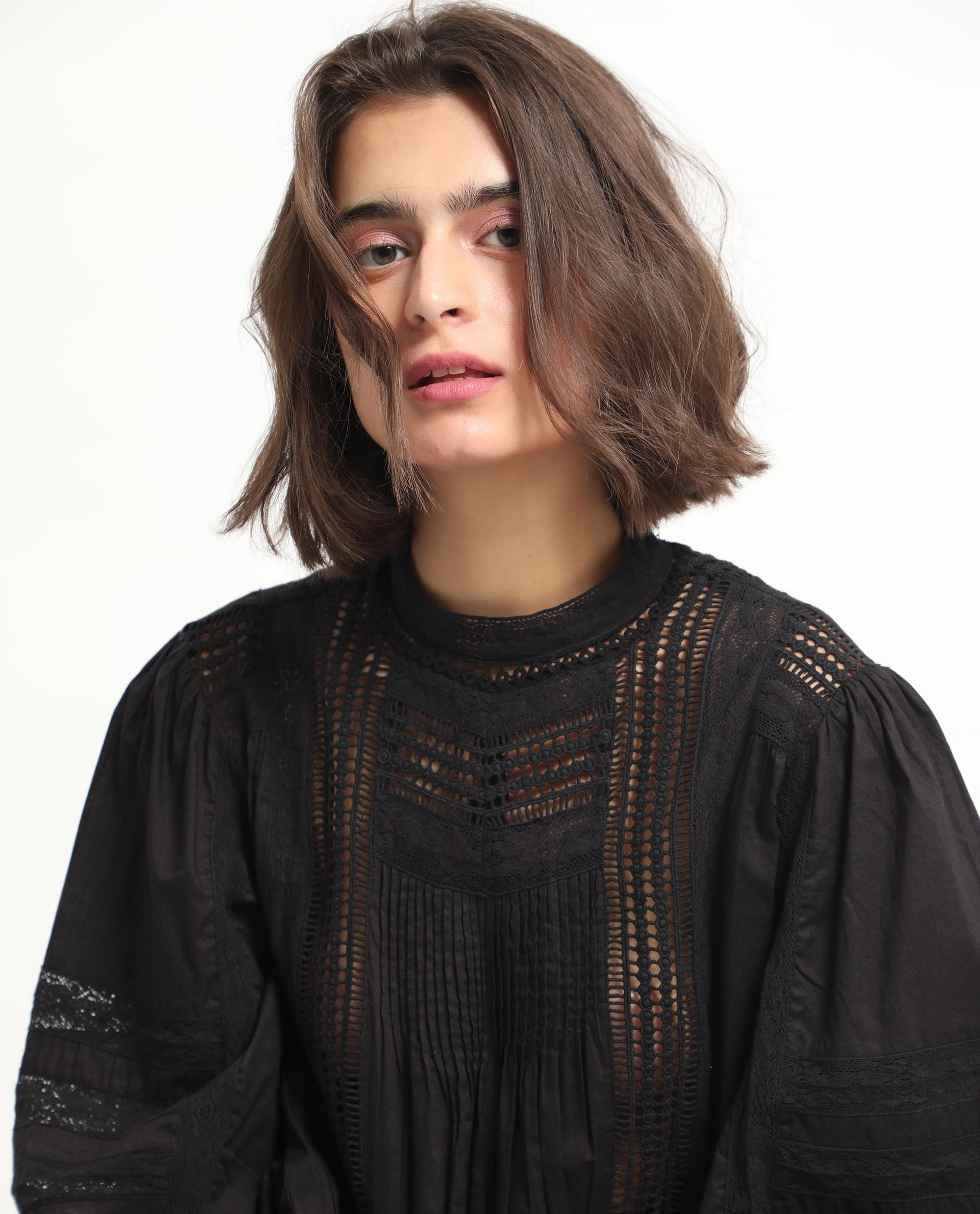Rareism Women's Schwan Black Cotton High Neck Plain Balloon Sleeve Regular Fit Top